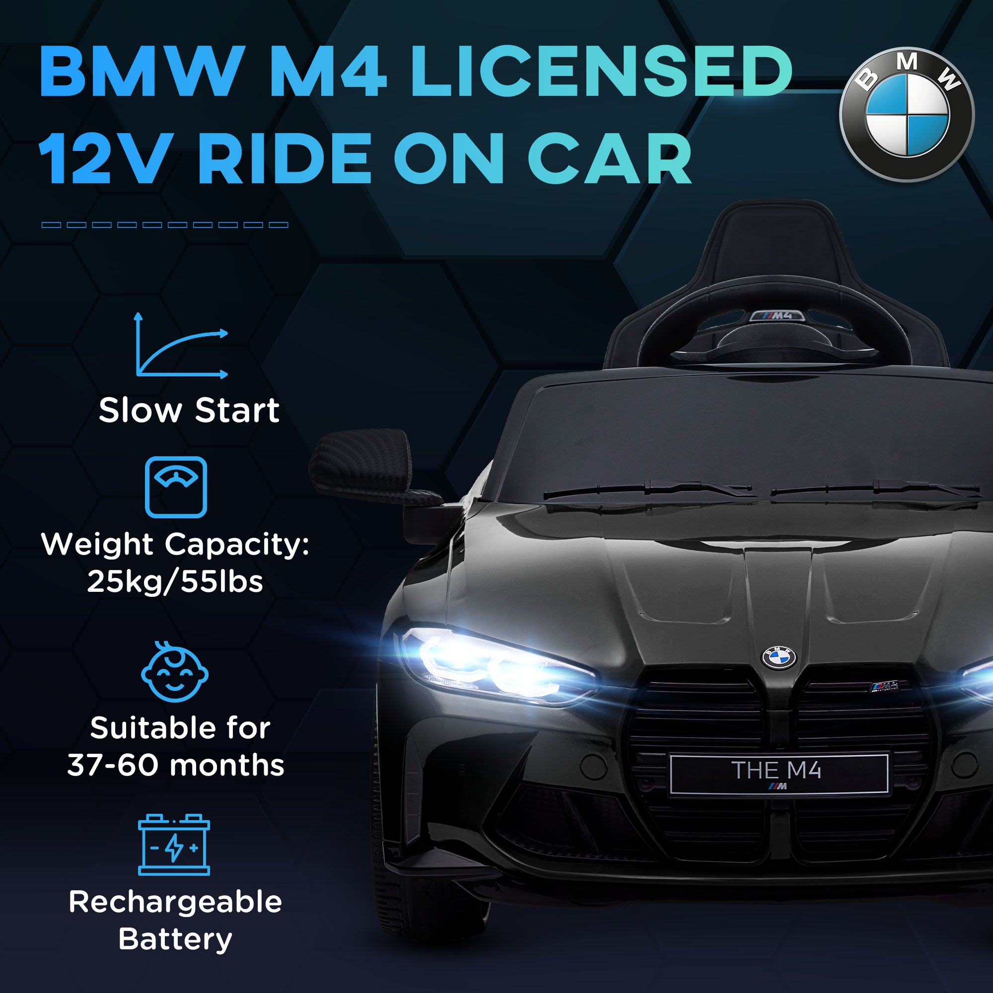 AIYAPLAY 12V BMW Licensed Kids Car, with Easy Transport, Remote Control, Suspension, Music, Horn, LED Lights, Black - North Peak Garden Furniture