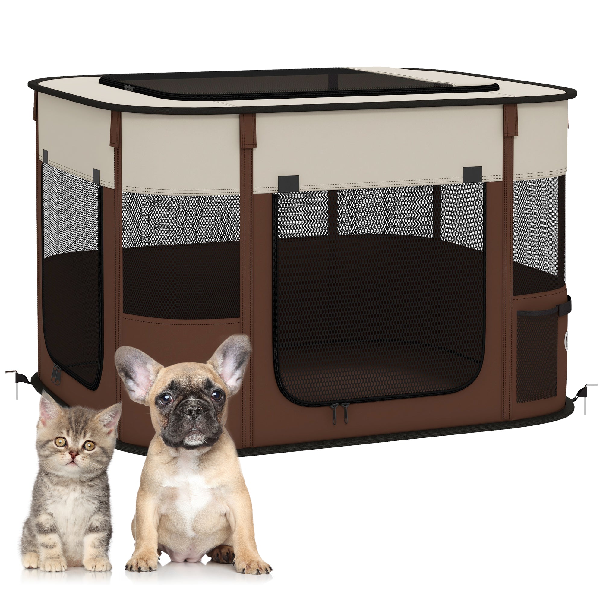 PawHut Foldable Dog Pen with Storage Bag for Indoor/Outdoor Use, Portable Pet playpen, with Ground Stakes - Brown - North Peak Garden Furniture
