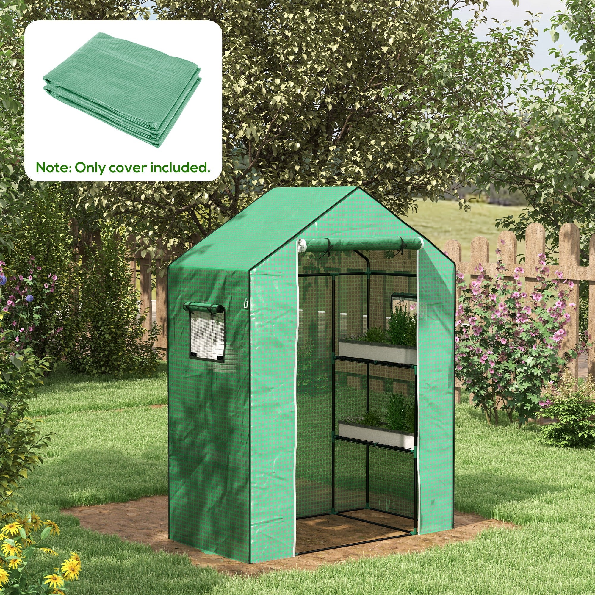 Outsunny Greenhouse Cover Replacement Walk-in PE Hot House Cover with Roll-up Door and Windows, 140 x 73 x 190cm, Green - North Peak Garden Furniture
