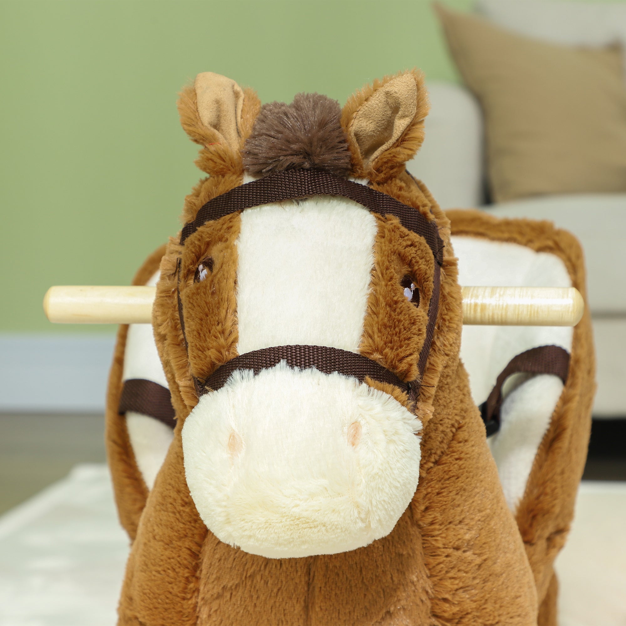 AIYAPLAY Kids Rocking Horse, Plush Ride on Horse, with Sound, Wood Base, for Ages 18-36 Months, Brown - North Peak Garden Furniture