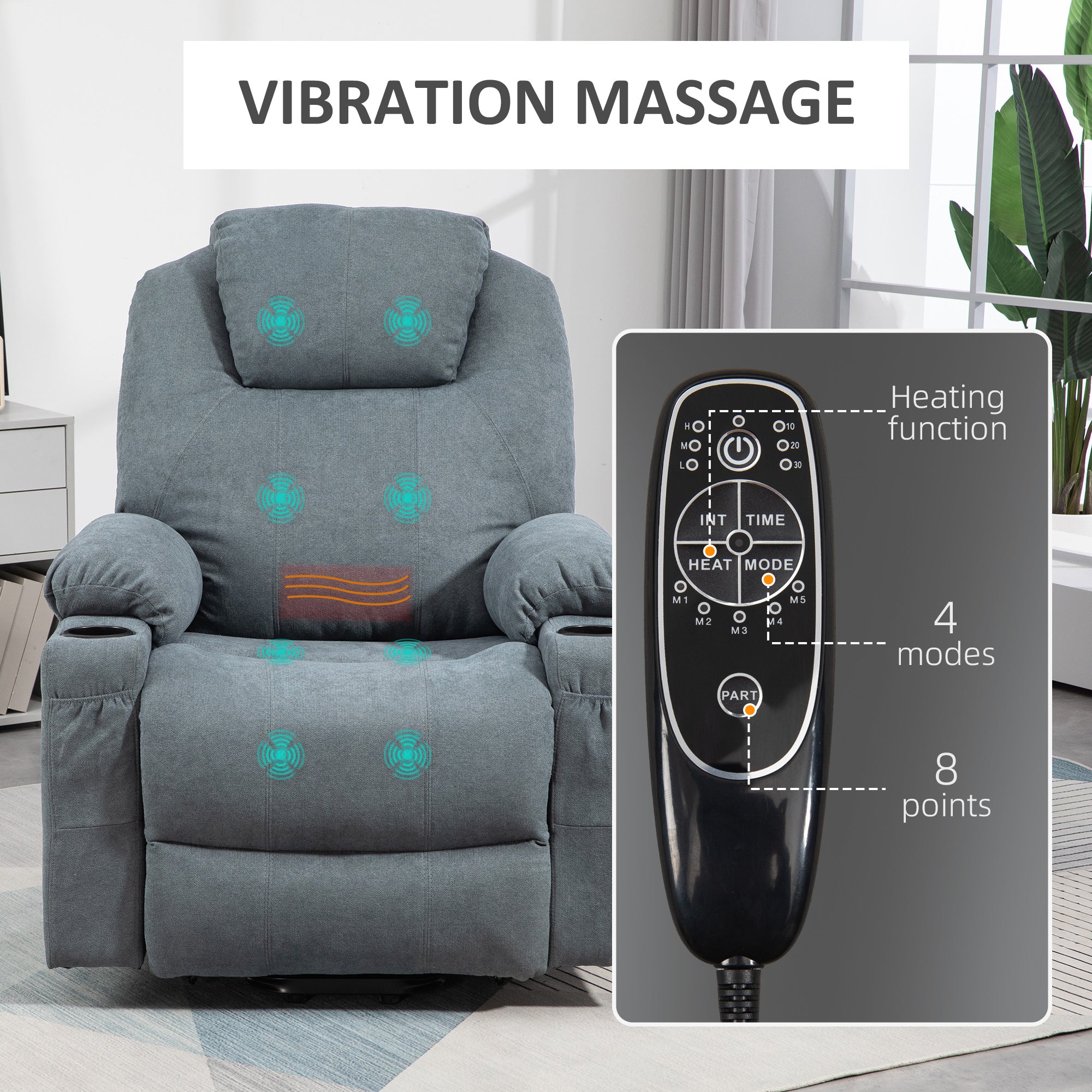 HOMCOM Lift-And-Recline Massage Armchair, with Heat - Grey - North Peak Garden Furniture