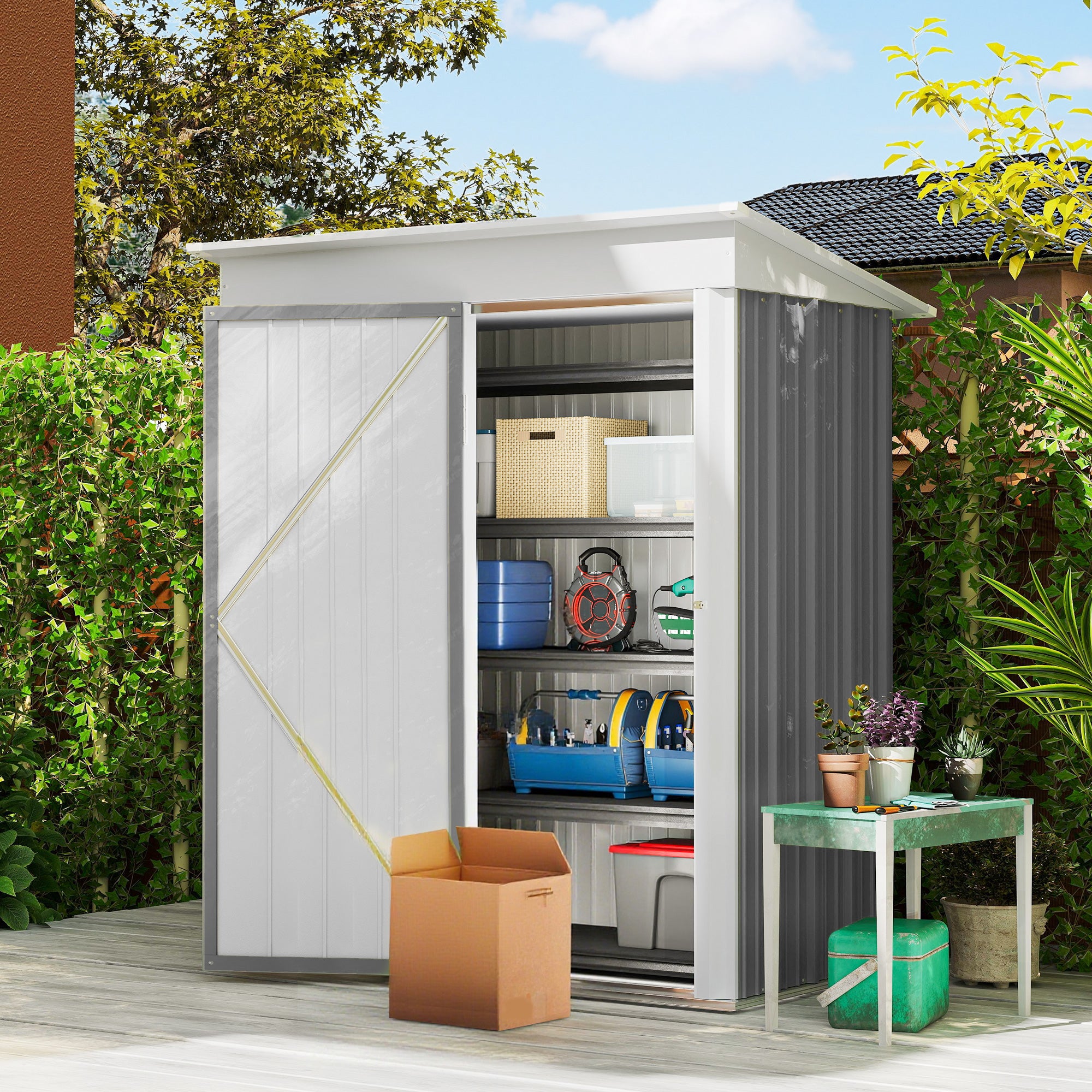 Outsunny Metal Garden Shed, Outdoor Lean-to Shed for Tool Motor Bike, with Adjustable Shelf, Lock, Gloves, 5'x3'x6', Grey