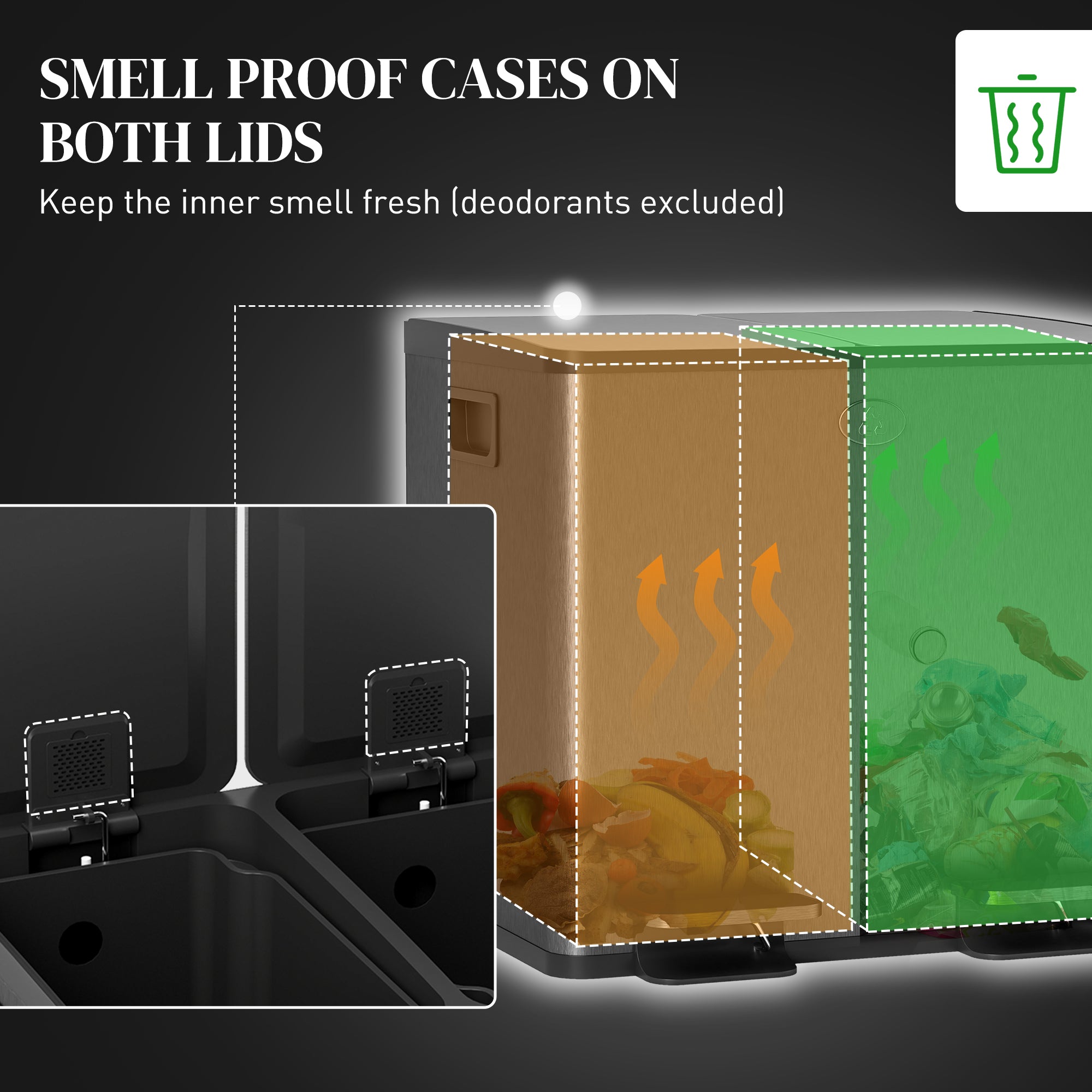 HOMCOM 30L Dual Compartment Stainless Steel Bin, with Deodoriser Holders - Black