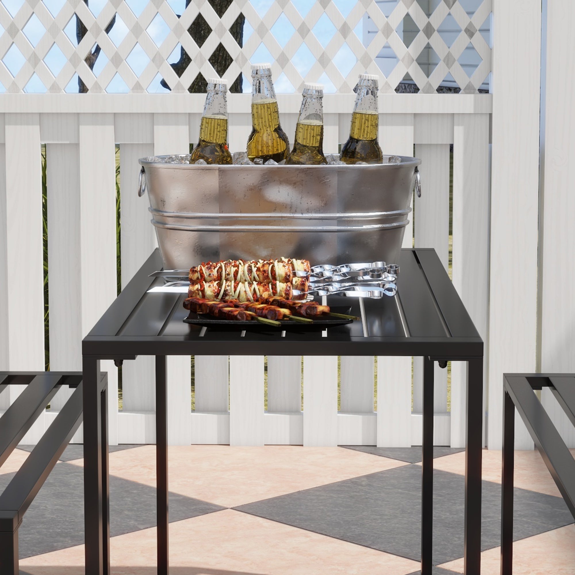 Outsunny 3 Pieces Picnic Bench Set with Table and 2 Benches, Slated Design Dining Trestle Beer Table and Seat, Black - North Peak Garden Furniture