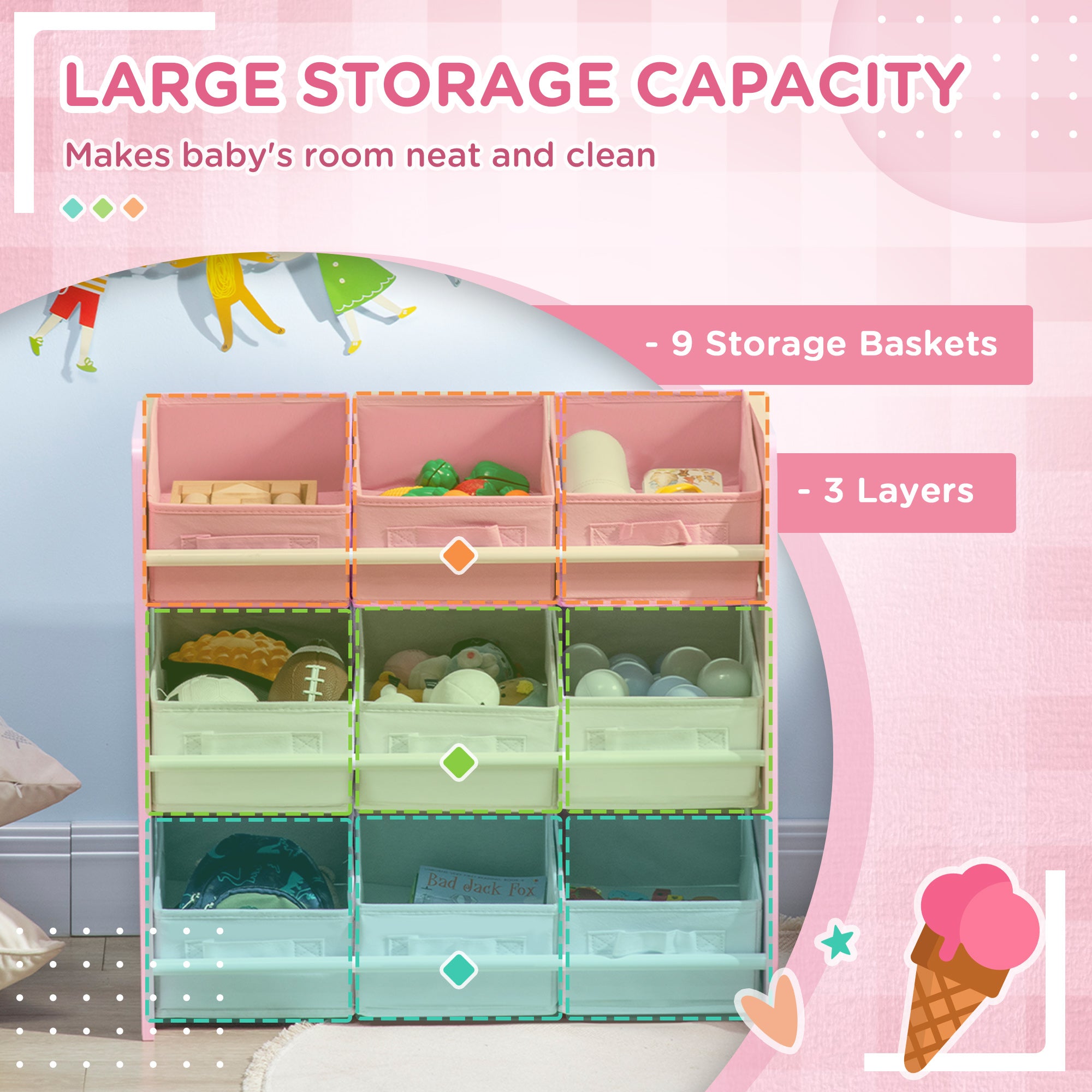ZONEKIZ Kids Storage Rack, with Nine Removable Baskets, for Nursery, Bedroom, Playroom - Pink - North Peak Garden Furniture