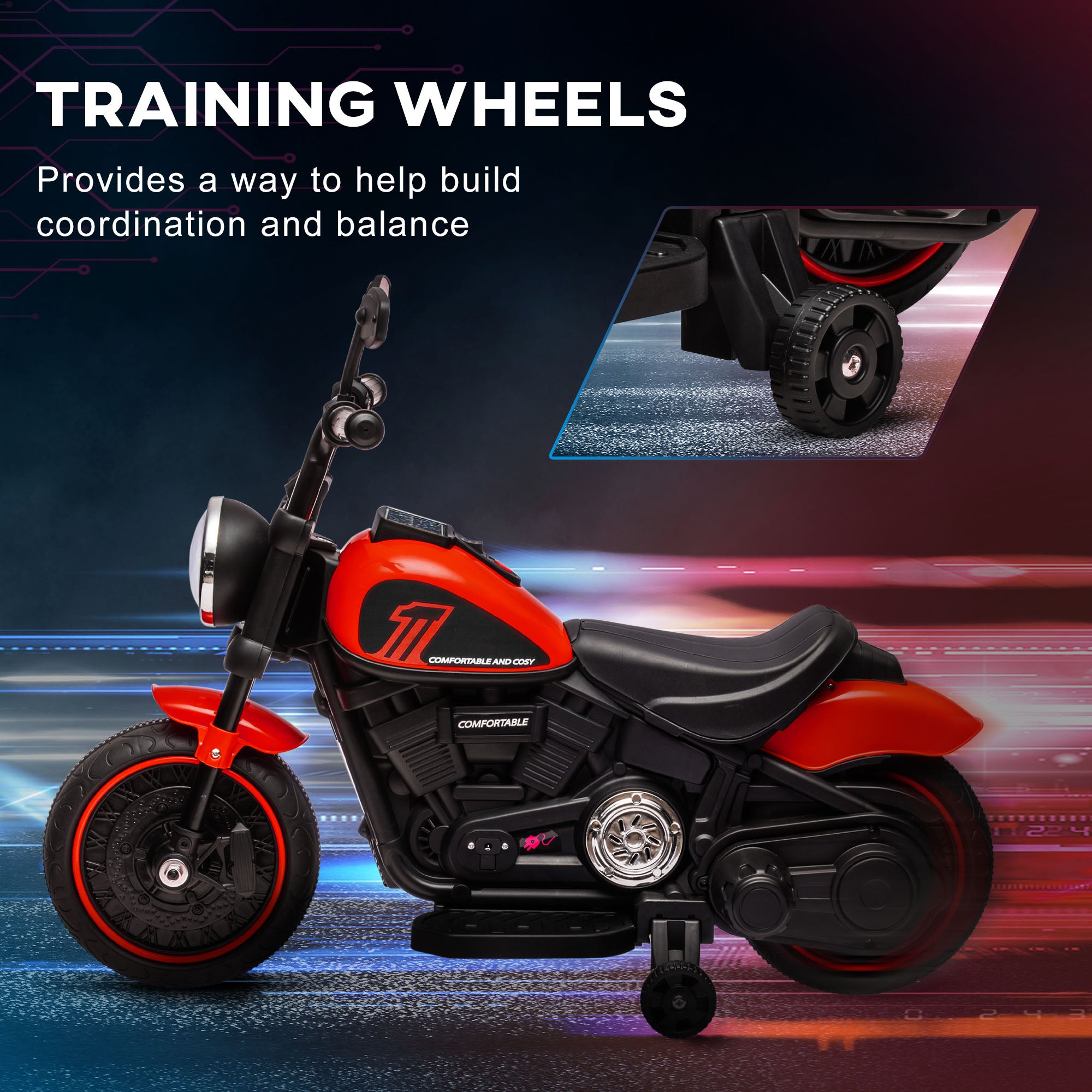 HOMCOM 6v Electric Motorbike with Training Wheels, One-Button Start - Red - North Peak Garden Furniture