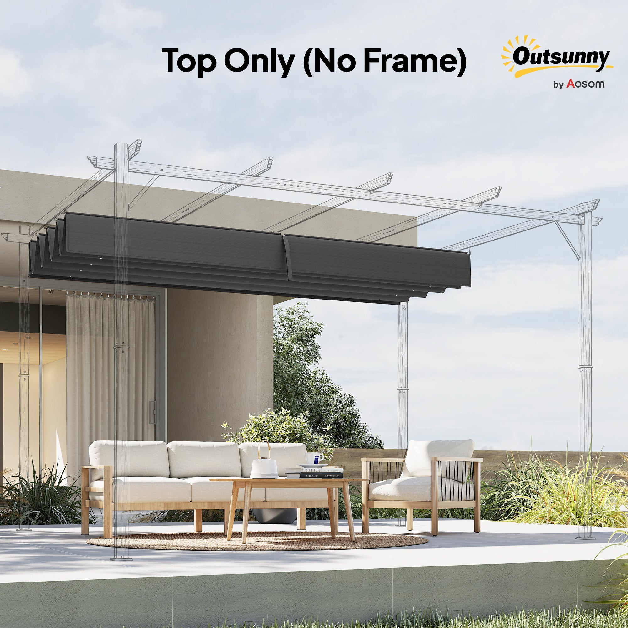 Outsunny Pergola Roof, Retractable Sun Shade Cover for 2.85 x 2m Pergola, UV30+ Protected, Dark Grey