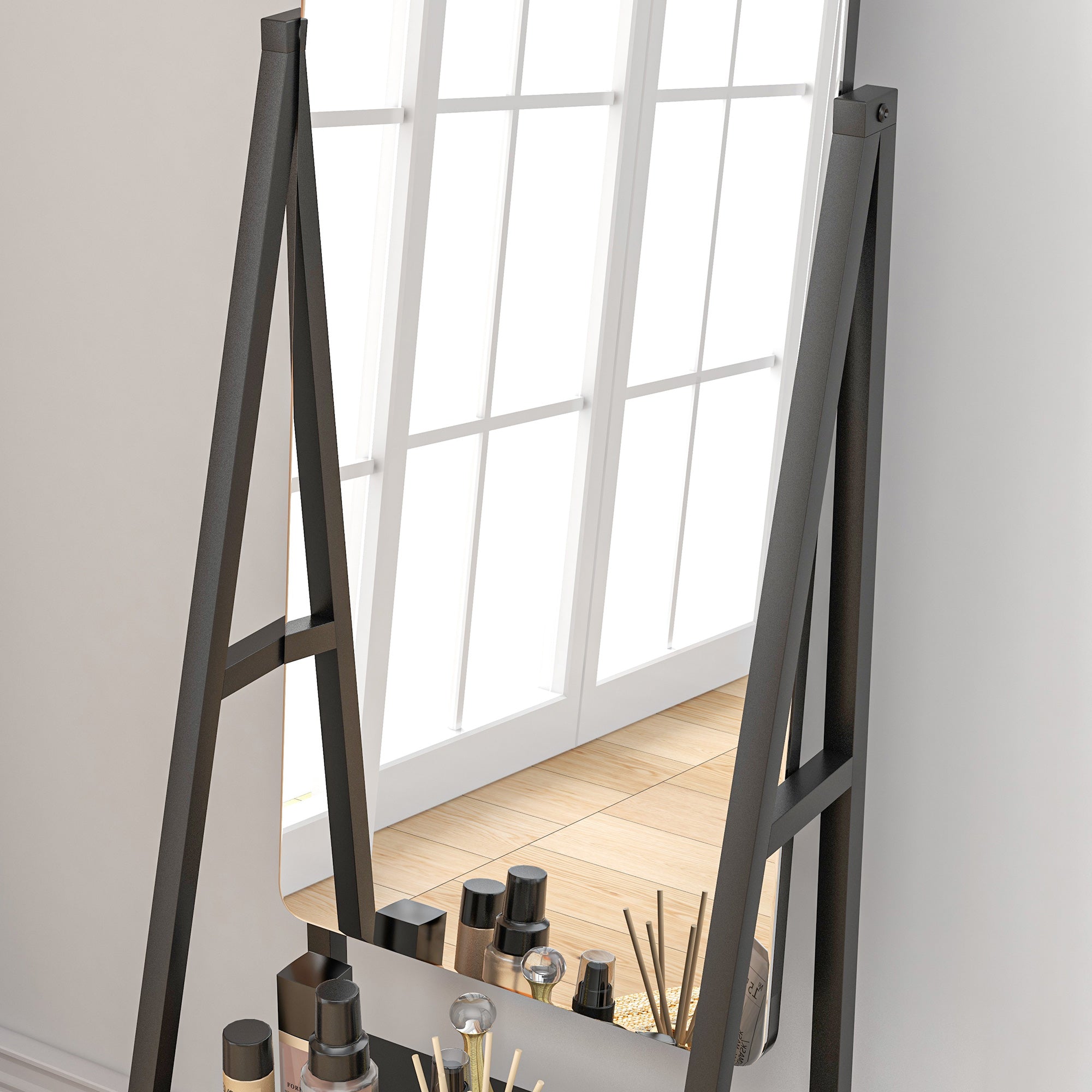 HOMCOM Free Standing Dressing Mirror, Rolling Full Length Mirror on Wheels with Adjustable Angle, Storage Shelves for Bedroom - North Peak Garden Furniture