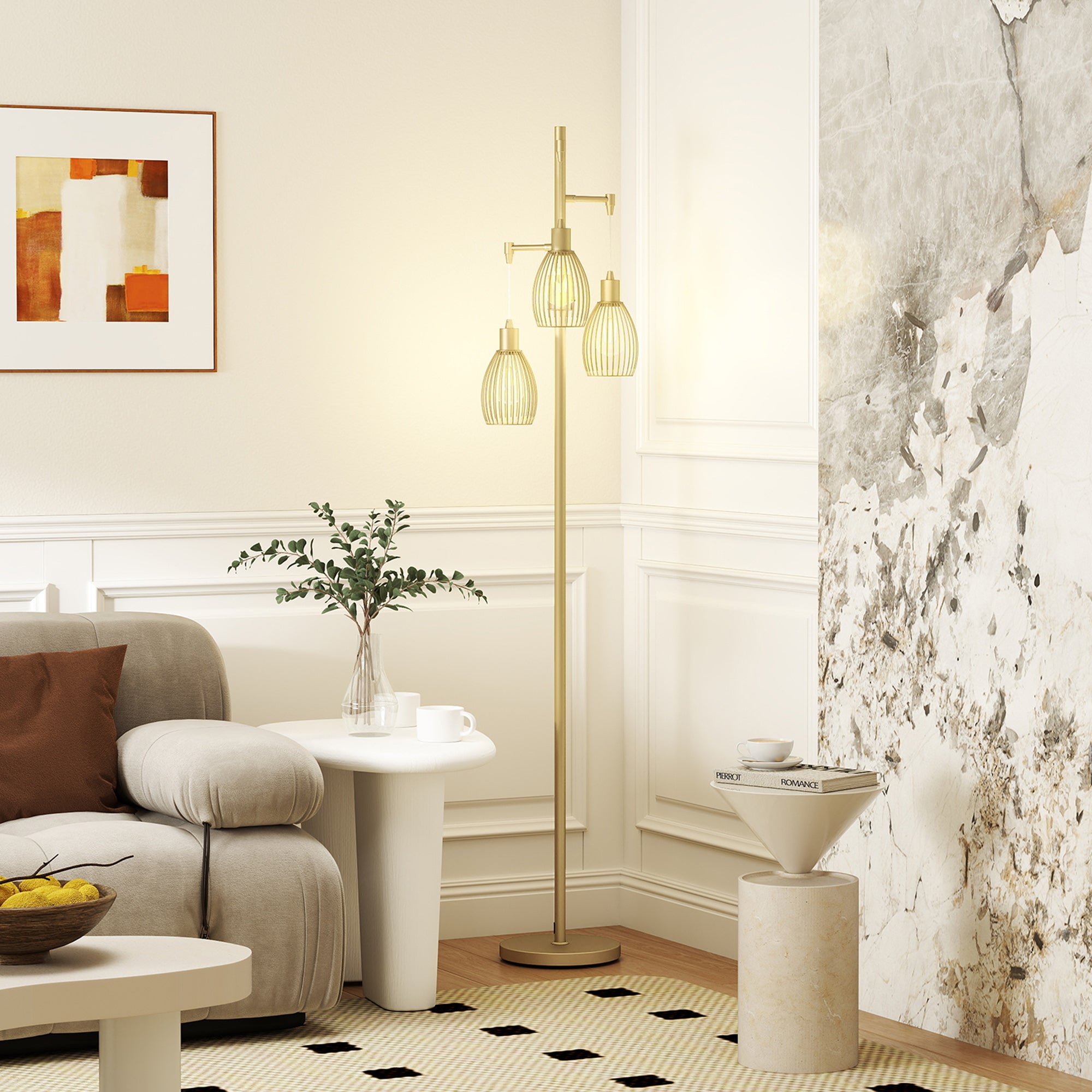 HOMCOM 170cm Industrial 3-Light Floor Lamp, Dimmable Standing Lamp with Steel Lampshades for Living Room, Bedroom, Dinging Room, Study, Gold Tone