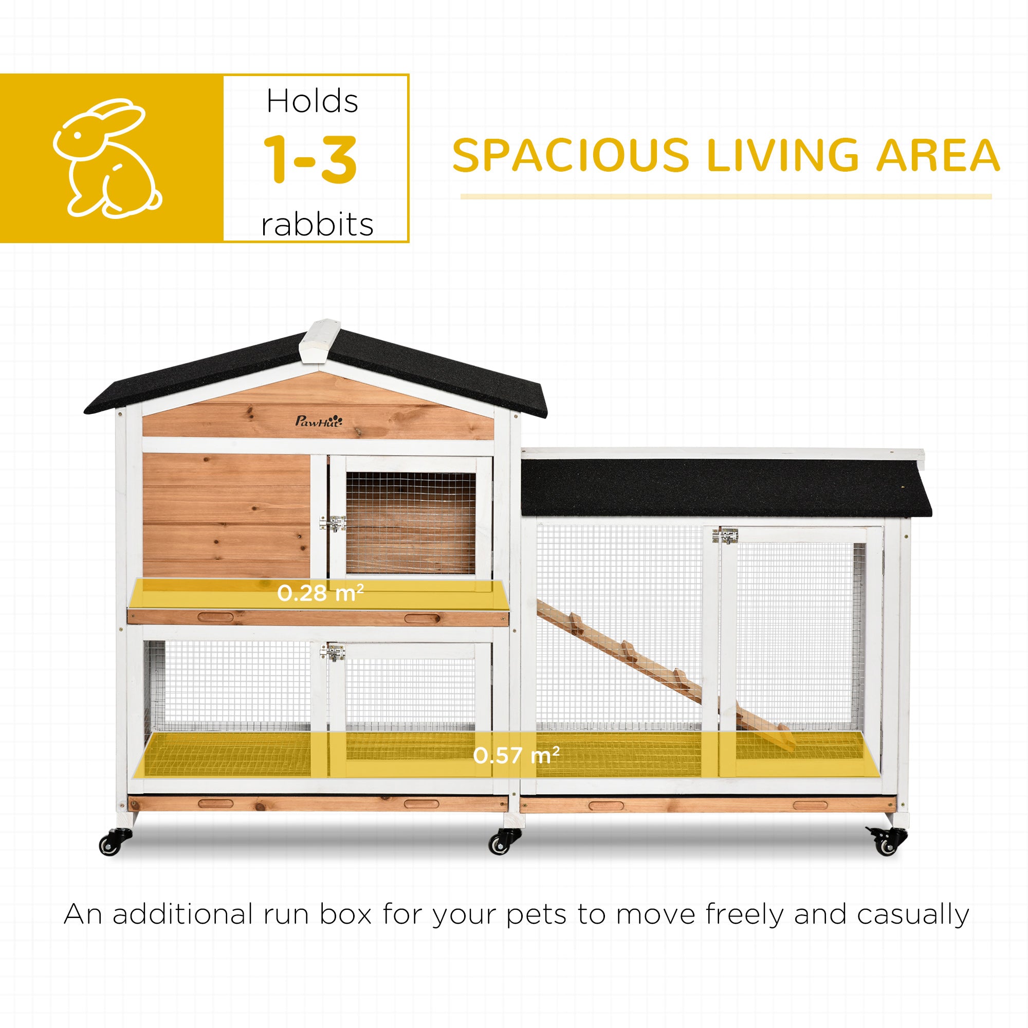 PawHut Rabbit Hutch Outdoor with Run Guinea Pig Hutch 2-Tier Bunny Cage w/ Wheels No-Leak Plastic Tray 157.4 x 53 x 99.5 cm - Yellow - North Peak Garden Furniture