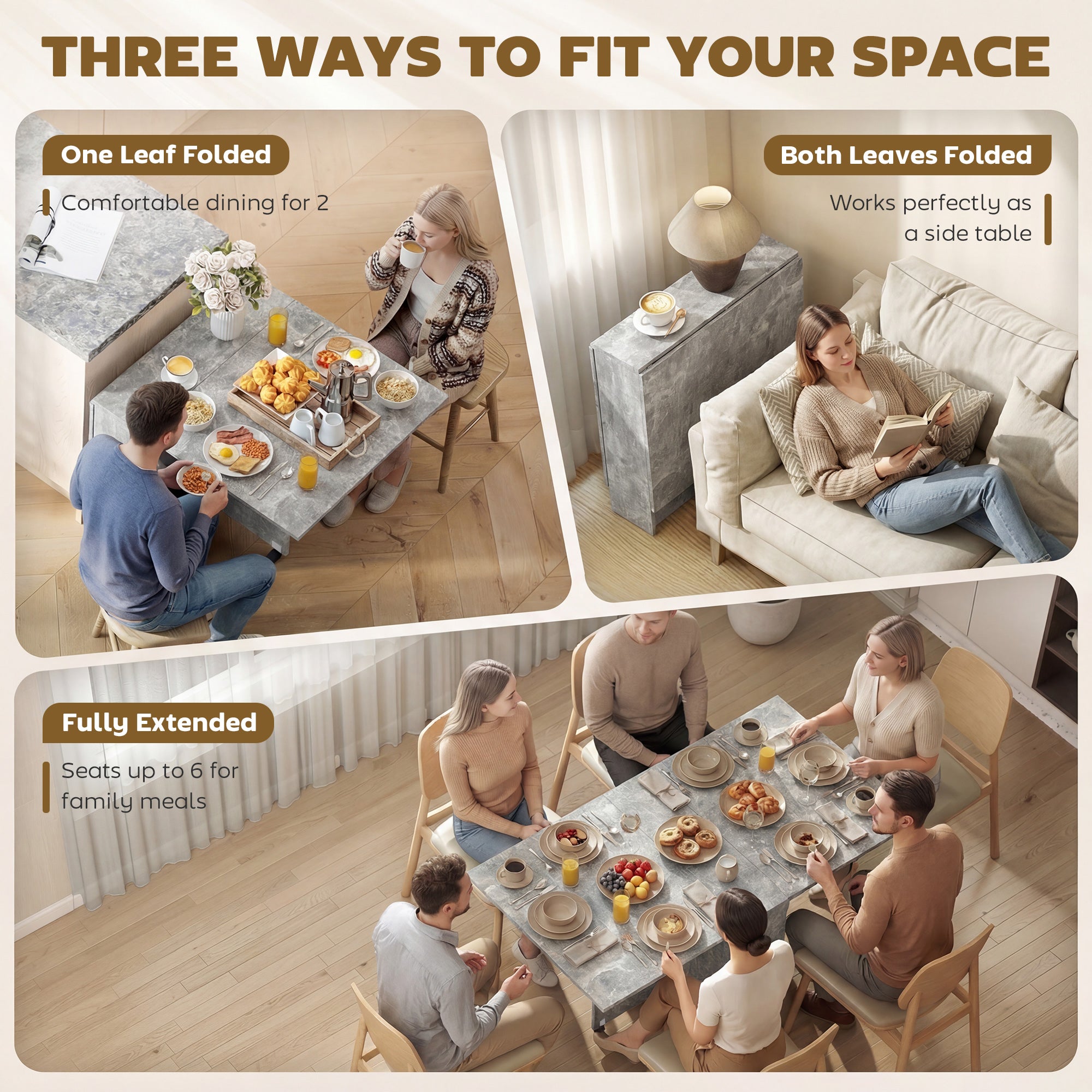 HOMCOM Folding Dining Table, Drop Leaf Table for Small Spaces with 2-tier Shelves, Small Kitchen Table with Rolling Casters, Cement Grey