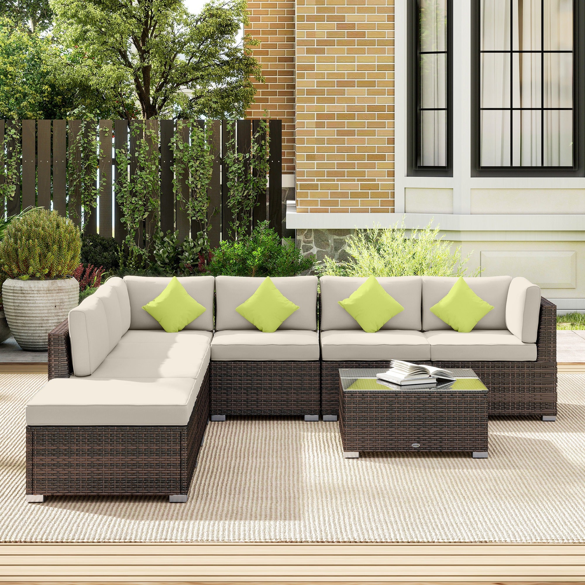 Outsunny 8 Pieces PE Rattan Corner Sofa Set with Thick Cushions, Aluminium Outdoor Rattan Garden Furniture Set with Glass Top Table, No Assembly Required, Mixed Brown