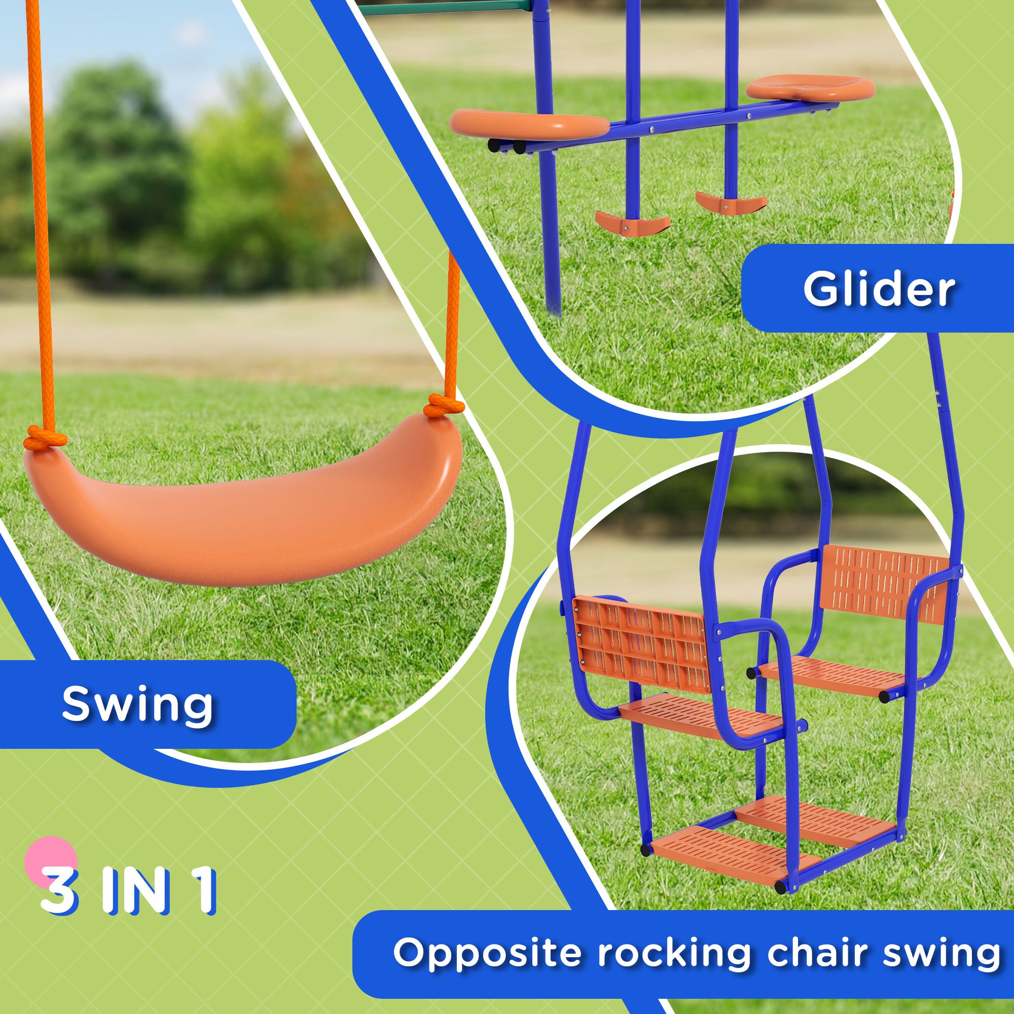 Outsunny Three-In-One Kids Metal Swing Set with Swing, Glider, Rocking Chair Swing, for Ages 3+ years - Orange and Blue - North Peak Garden Furniture