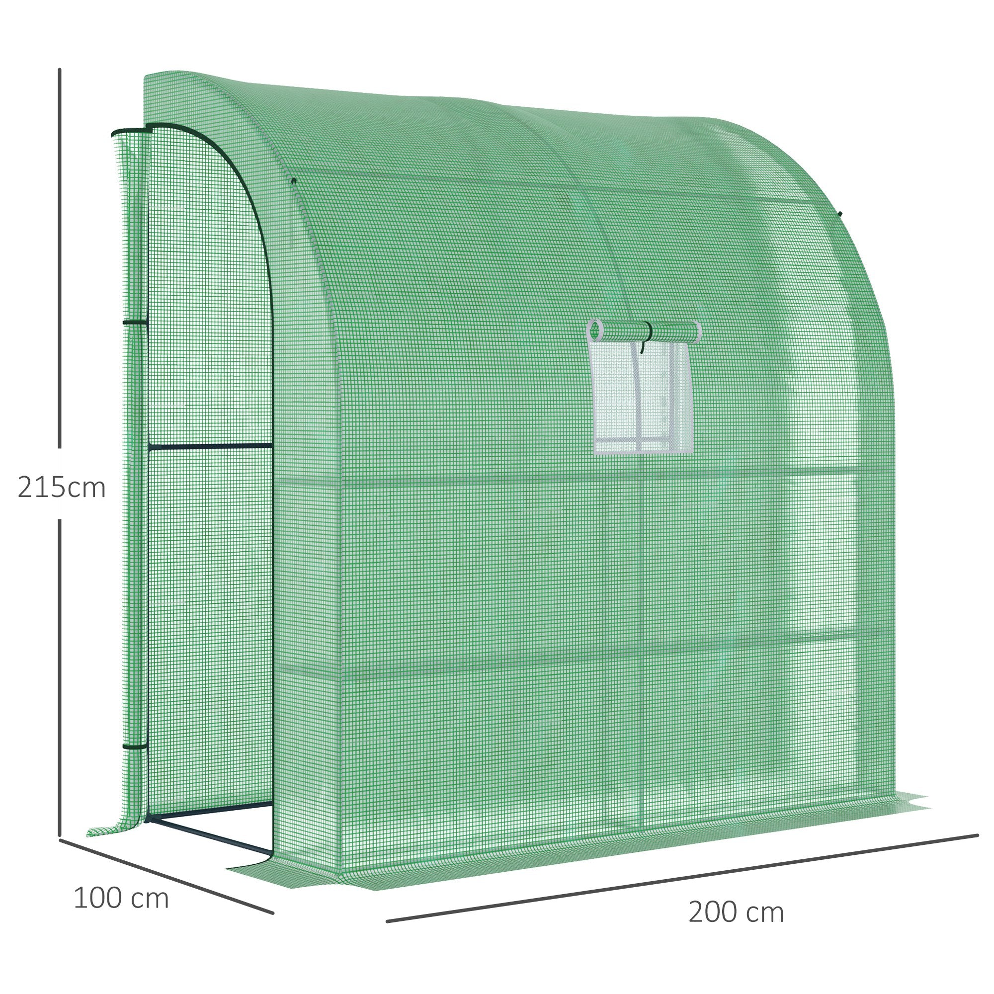 Outsunny Walk-In Lean to Wall Greenhouse with Windows and Doors, Outdoor Green House with 3 Tiers 4 Wired Shelves, 200L x 100W x 215Hcm, Green - North Peak Garden Furniture