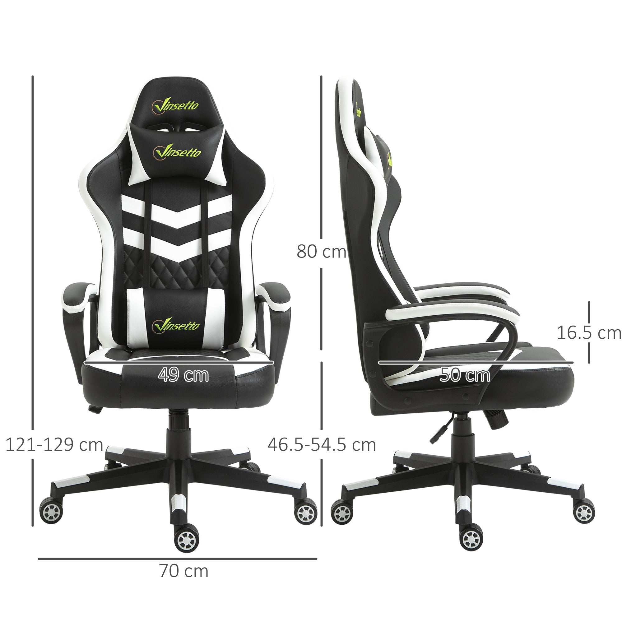 Vinsetto Gaming Chair, Computer Desk Chair with Lumbar Support, Faux Leather Racing Chair with Headrest and Swivel Wheels for Home Office, Black White - North Peak Garden Furniture