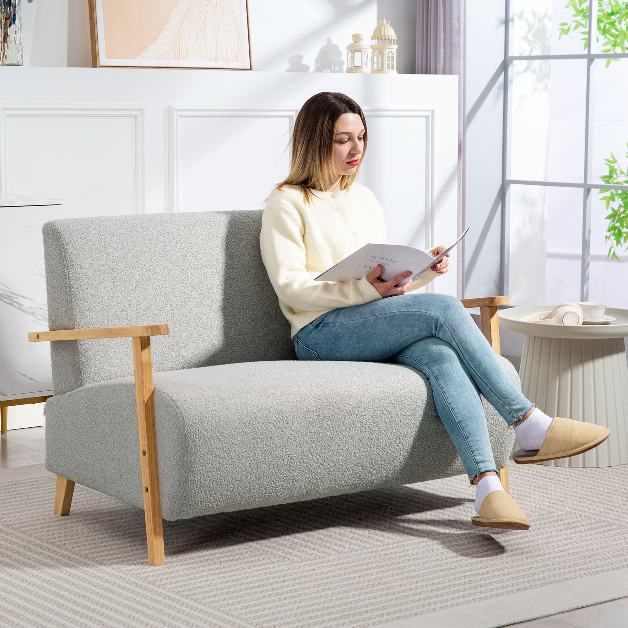 HOMCOM Small Sherpa Fabric 2 Seater Sofa Settee - Light Grey - North Peak Garden Furniture