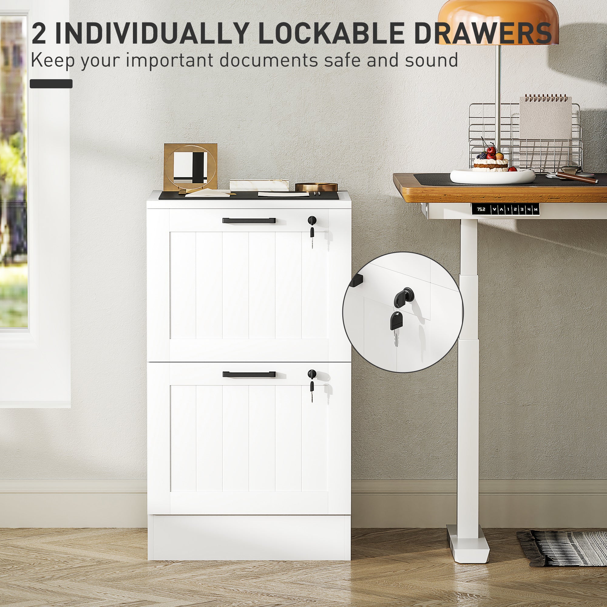 HOMCOM 2 Drawer Filing Cabinet with Lock, Office Storage Cabinet with Adjustable Hanging Bars for A4 Letter Size Files, White