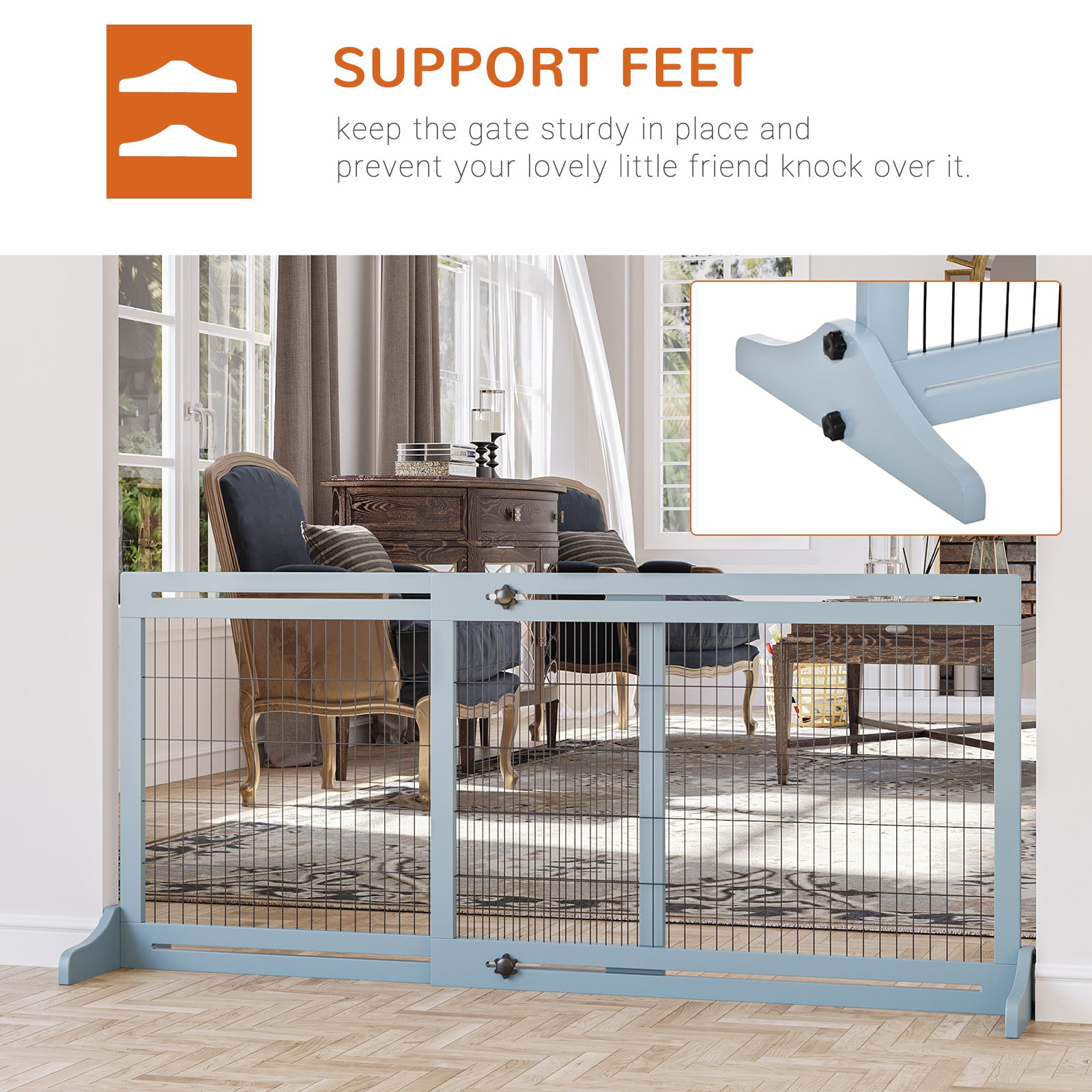 PawHut Freestanding Dog Gate, Foldable Pet Fence, Indoor Wood Barrier, Stair Gate with Support Feet, for Doorway, Hallway, Small and Medium Dogs, 69H x 104-183 cm, Blue-grey - North Peak Garden Furniture