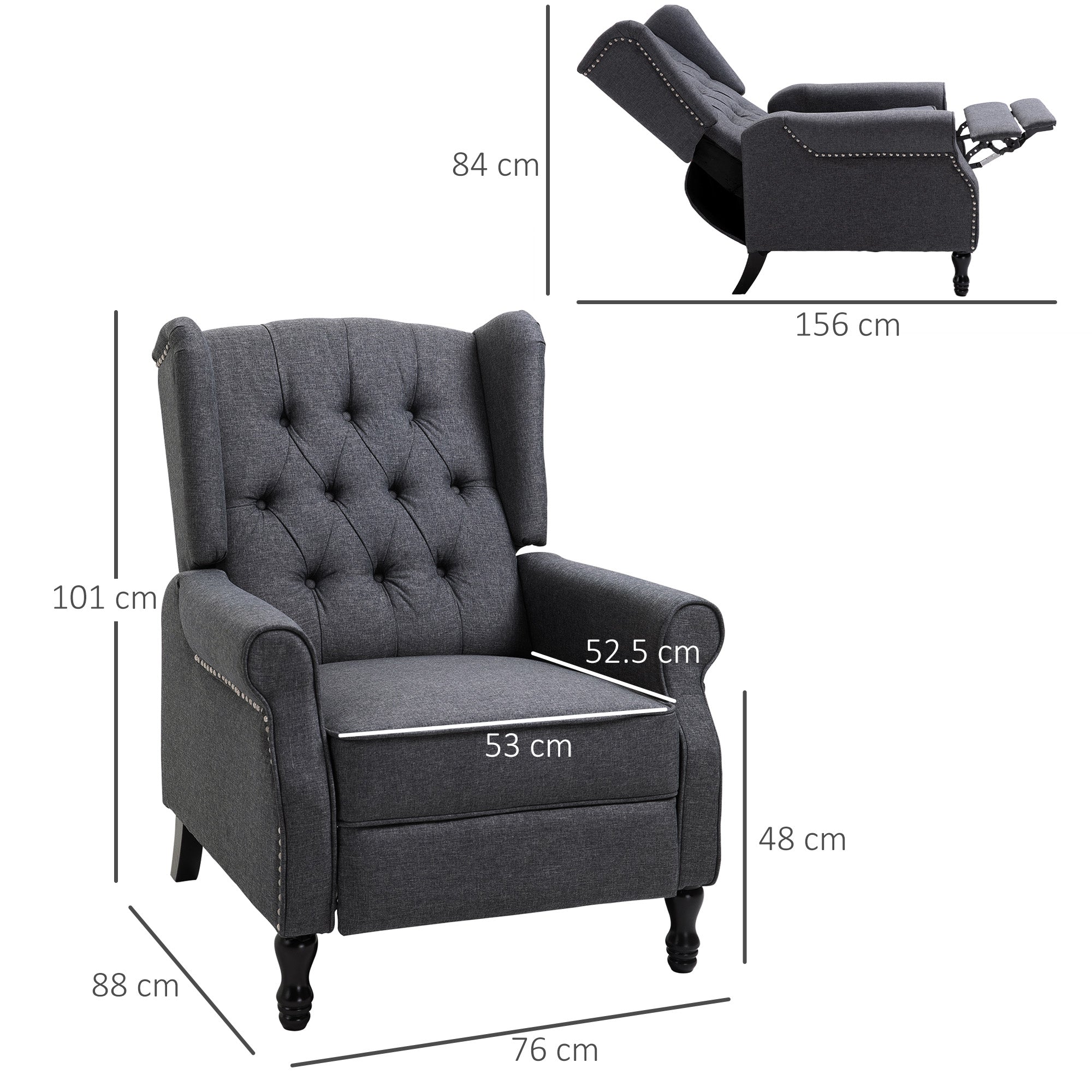 HOMCOM Recliner Armchair, Vintage Reclining Chair with Nail Head Trim, Wingback Chair with Button Tufted Back and Footrest, for Living Room, Dark Grey