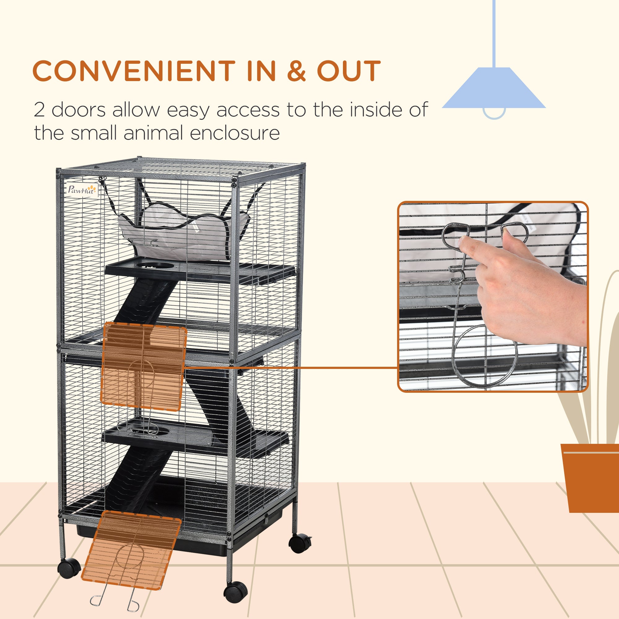 PawHut Small Animal Cage with Wheels Pet Home for Chinchillas Ferrets Kittens, with Hammock, 4 Platforms, Removable Tray, Silver - North Peak Garden Furniture