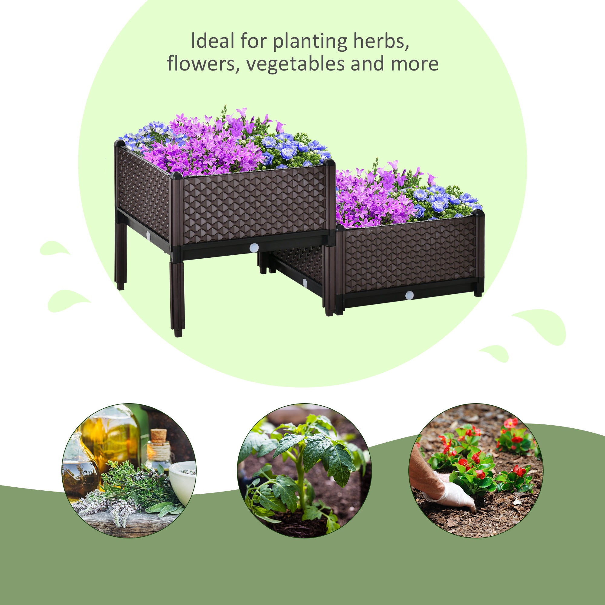 Outsunny 50cm x 50cm x 46.5cm Set of 2 41L Plastic Raised Garden Bed, Planter Box, Flower Vegetables Planting Container with Self-Watering Design and Drainage Holes for Patio Balcony - North Peak Garden Furniture