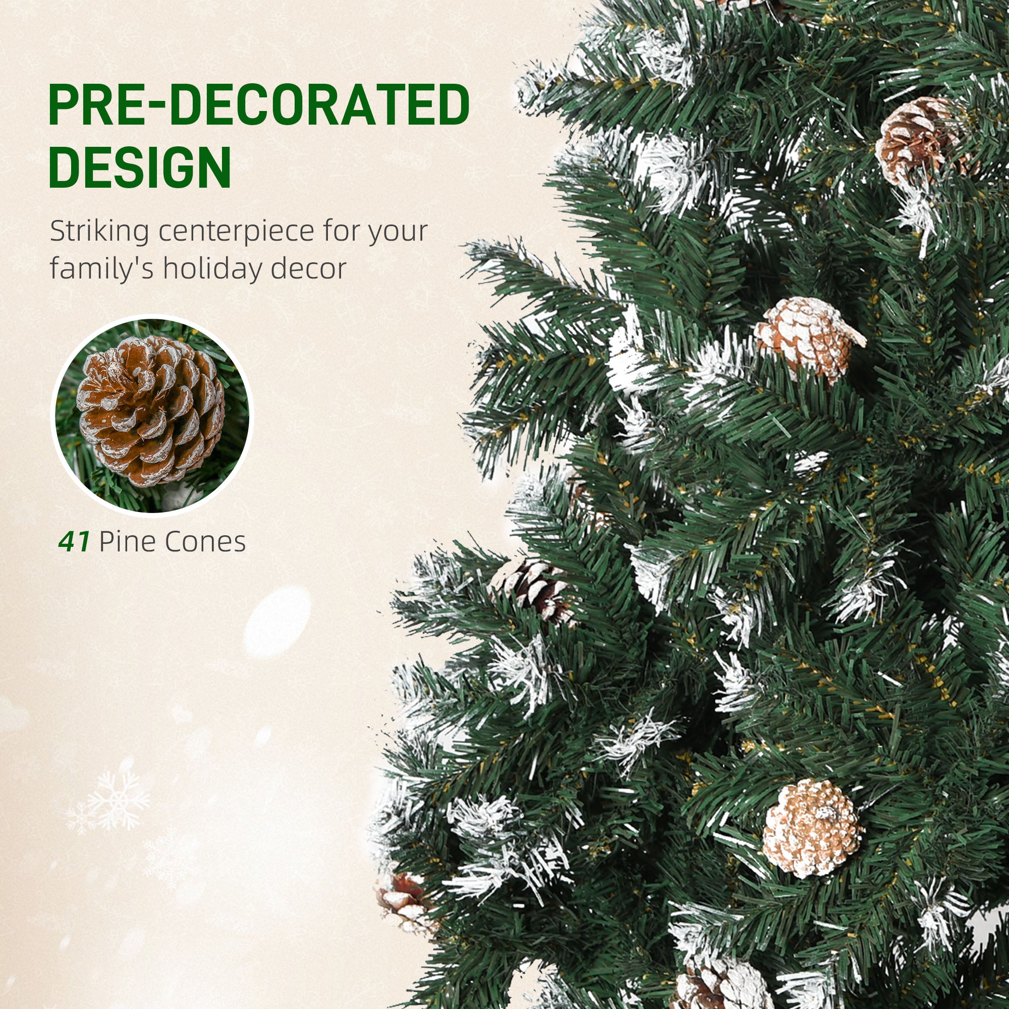 HOMCOM 5FT Artificial Christmas Tree with Pine Cones, Holiday Home Xmas Decoration Automatic Open, Green - North Peak Garden Furniture