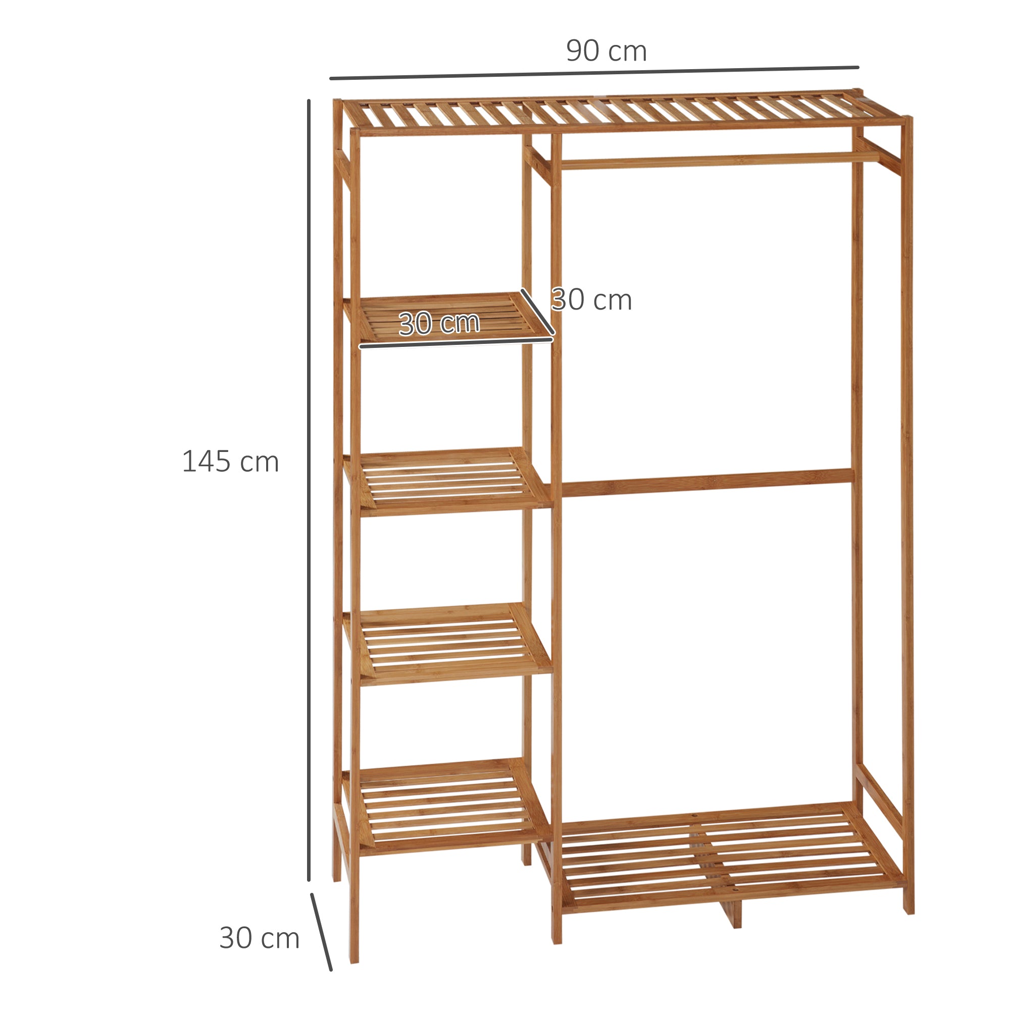 HOMCOM Bamboo Clothes Rack for Bedroom Garment Rack with 6-Tier Storage Shelf Hanging Rod Clothes Rail for Living Room Entryway - North Peak Garden Furniture