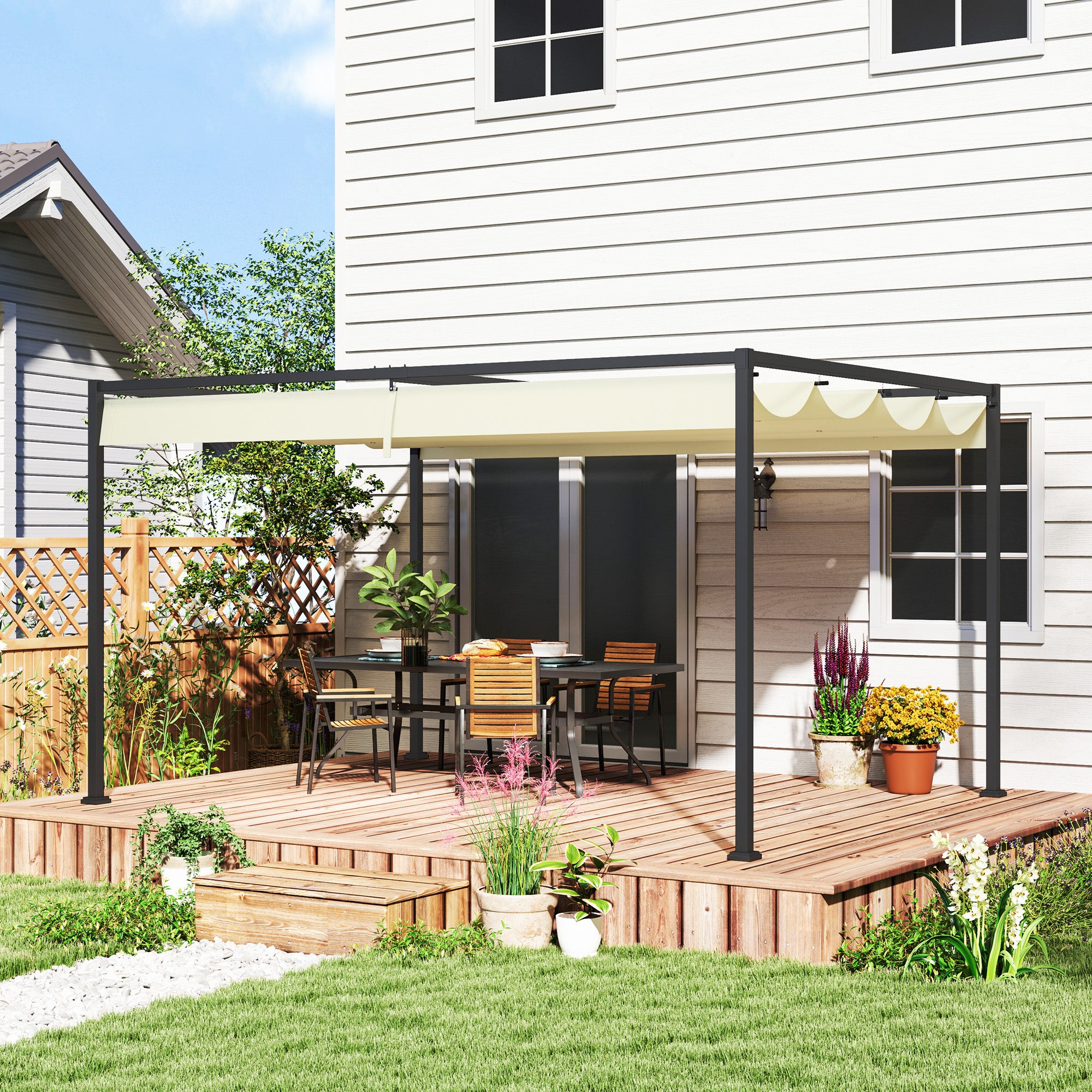 Outsunny 4 x 3(m) Metal Pergola with Retractable Roof, Garden Gazebo Canopy Shelter for Outdoor, Patio, Cream White