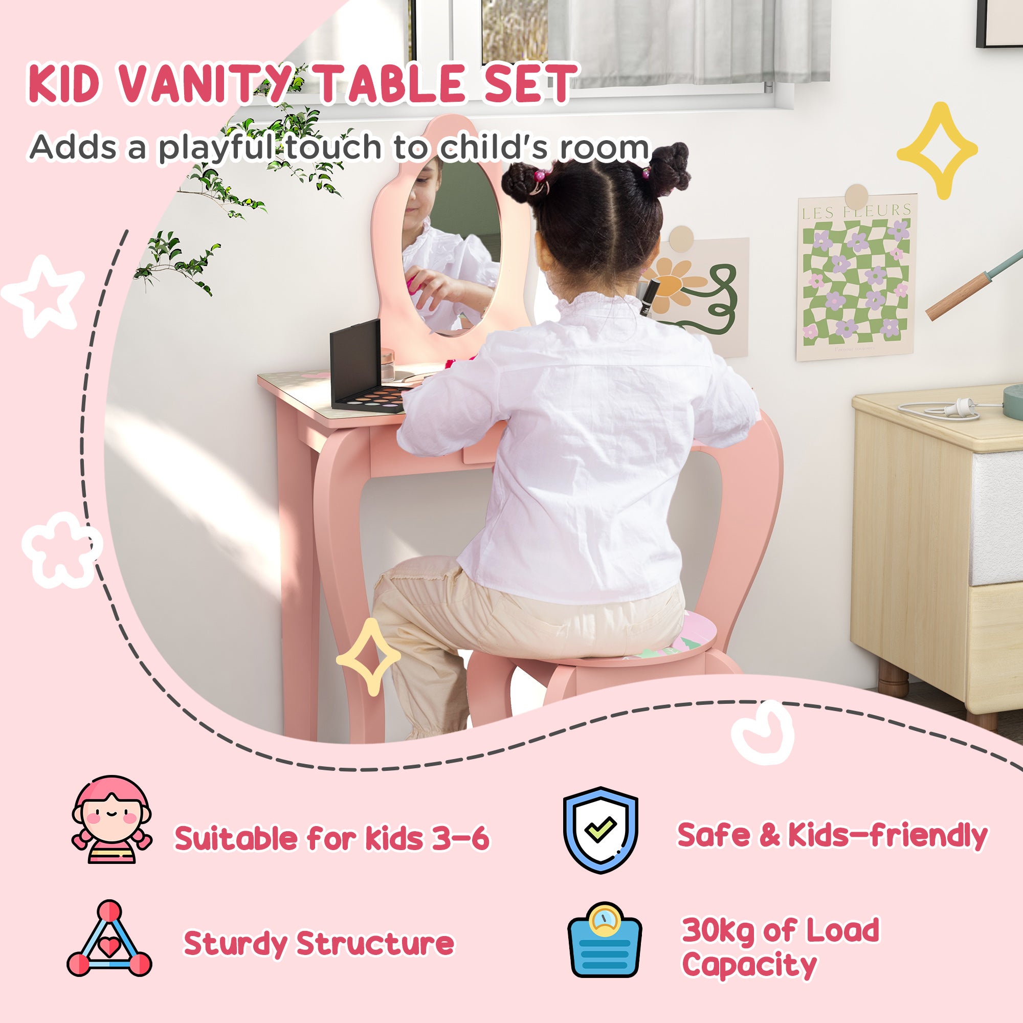 ZONEKIZ Kids Dressing Table with Mirror, Stool, Drawer, Cute Animal Design - Pink - North Peak Garden Furniture