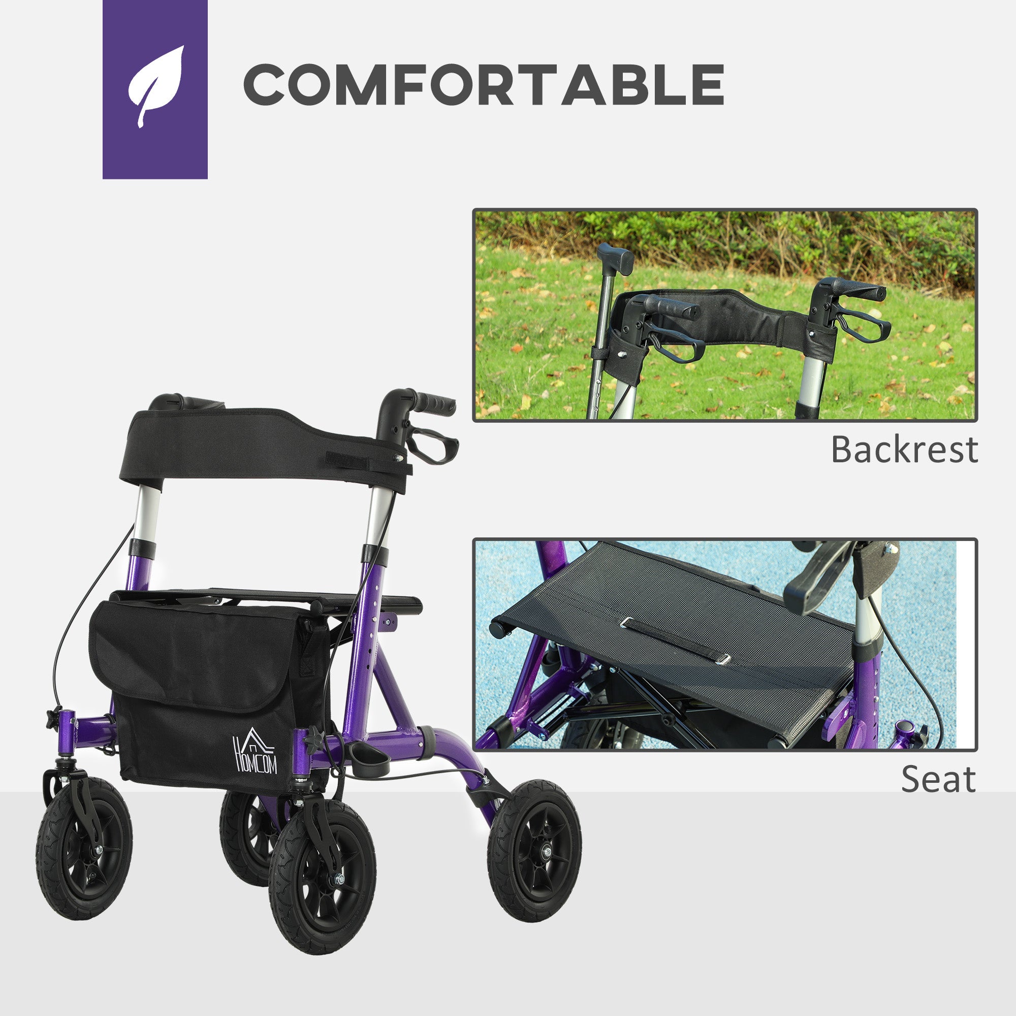 HOMCOM Folding Rollator Walker with Seat, Backrest, Lightweight Walking Frame with Storage Bag, Dual Brakes, All-terrain Wheels, Adjustable Handle Height, 4 Wheeled Walker for Seniors, Purple - North Peak Garden Furniture