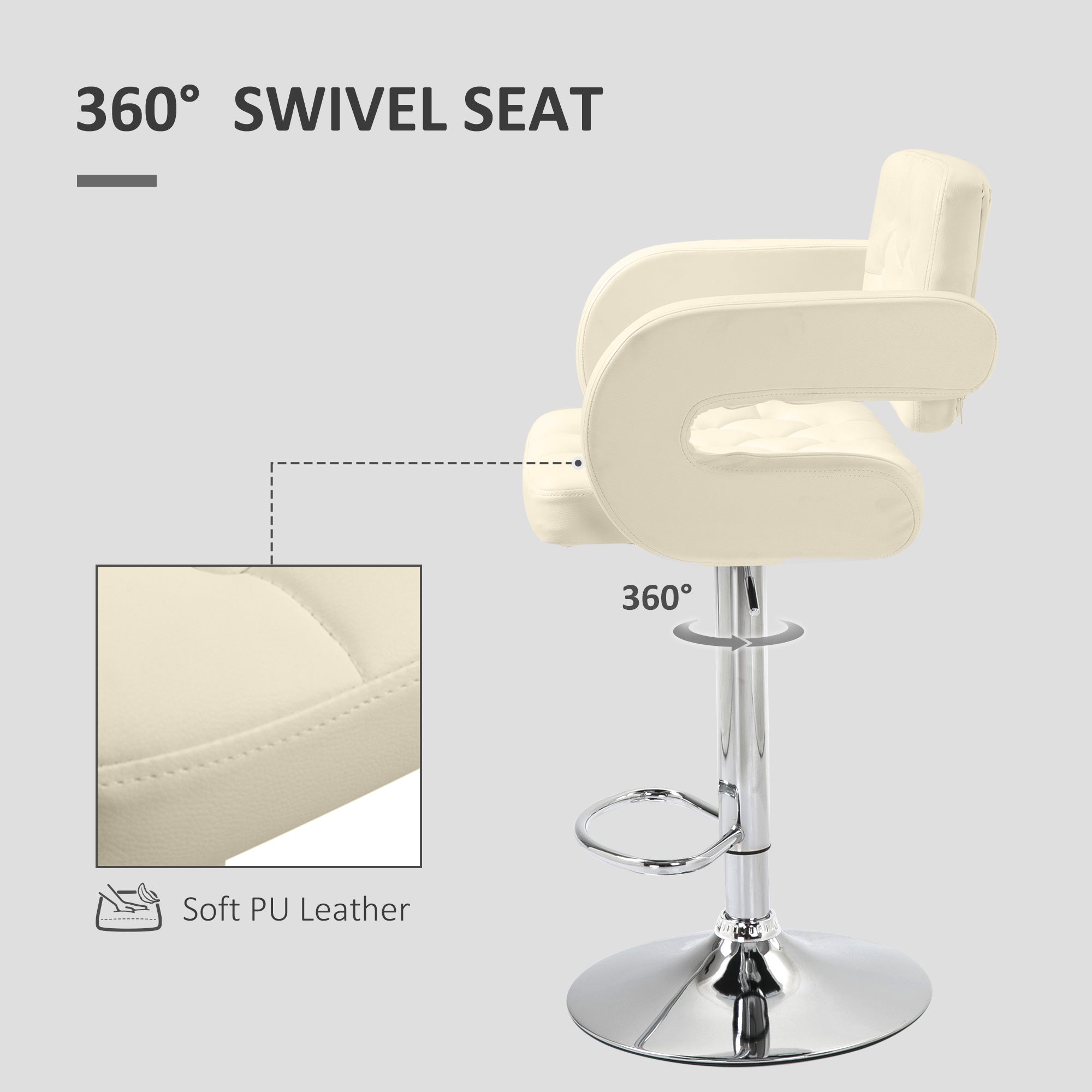 HOMCOM PU Leather Upholstered Swivel Bar Stool, Height Adjustable Barstool with Back, Armrest, Footrest for Kitchen - North Peak Garden Furniture