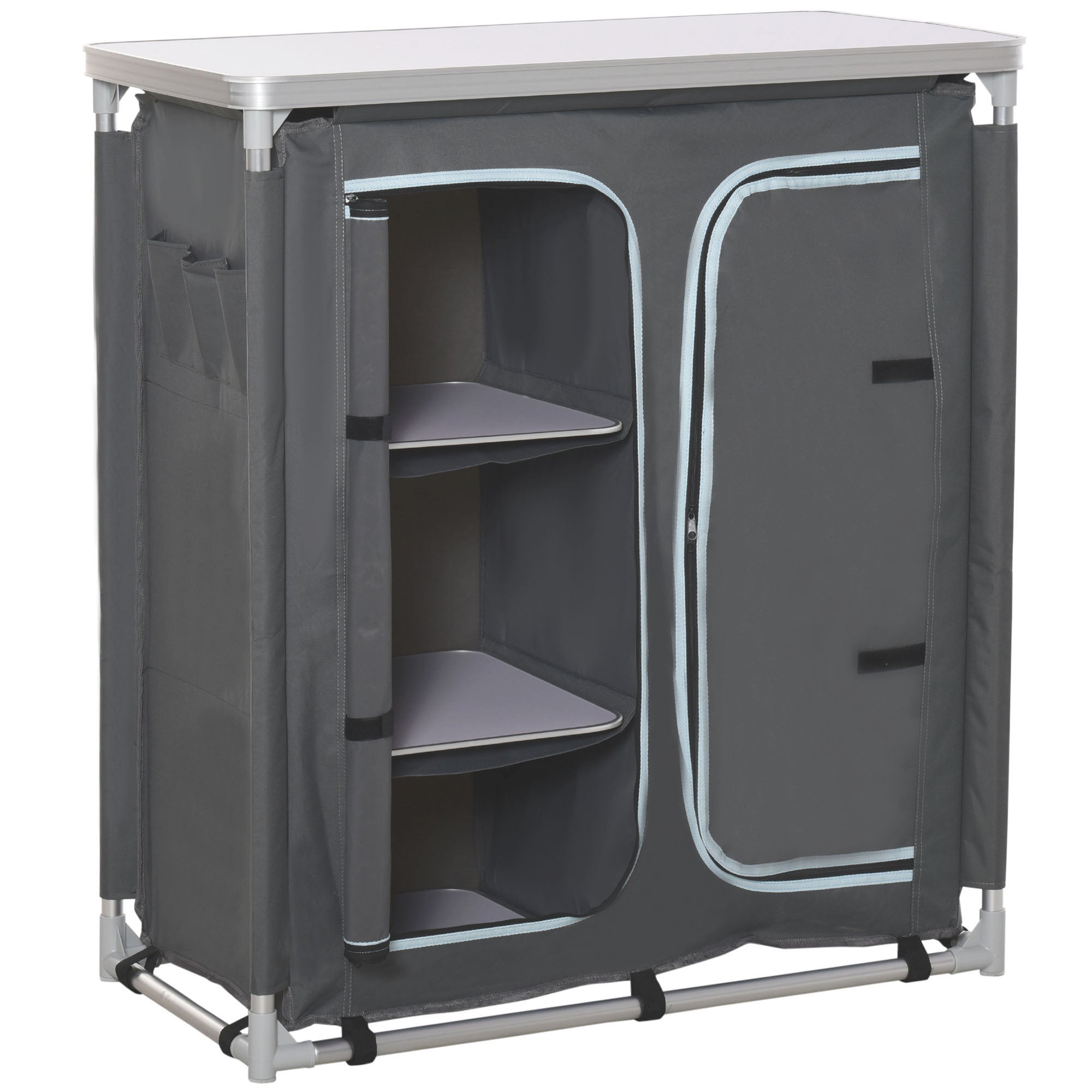 Outsunny Aluminum Camping Cupboard, Camping Kitchen Station Cook Table with 3-Shelf, Storage Organiser for BBQ Party Picnic - North Peak Garden Furniture