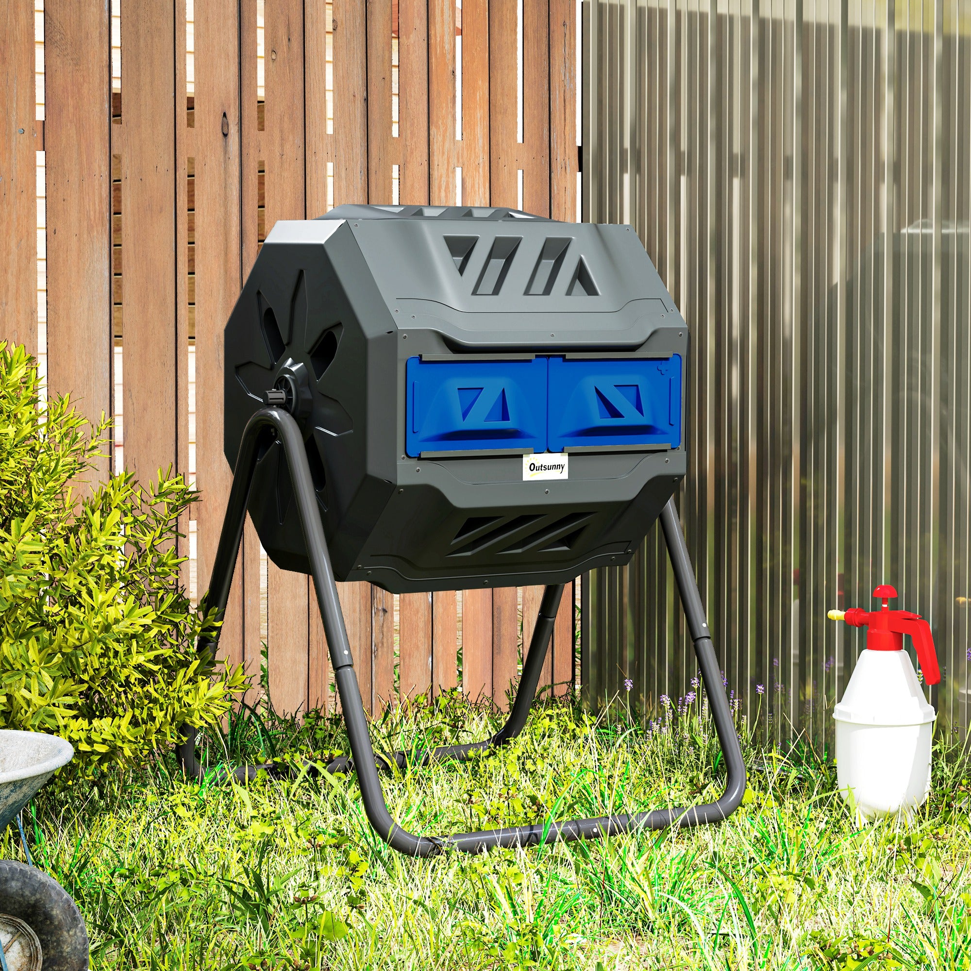 Outsunny 160L Tumbling Compost Bin Outdoor Dual Chamber 360° Rotating Composter, Garden Compost Bin w/ Sliding Doors & Solid Steel Frame, Blue - North Peak Garden Furniture