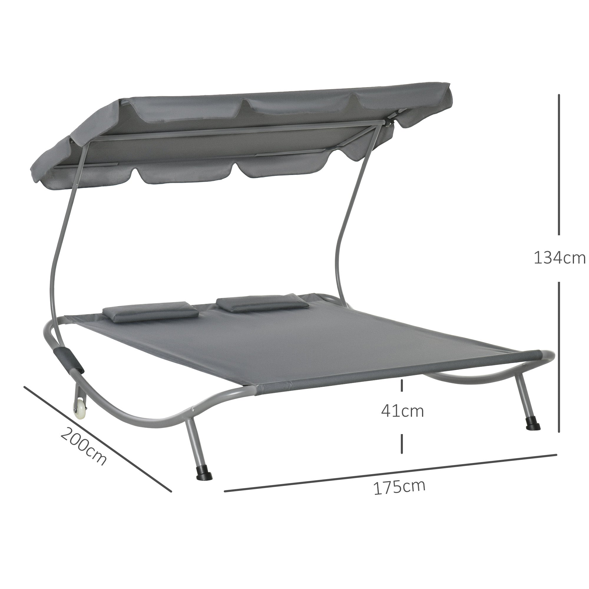 Outsunny Patio Double Hammock Sun Lounger Bed w/ Canopy Shelter, Wheels & 2 Pillows, Grey - North Peak Garden Furniture