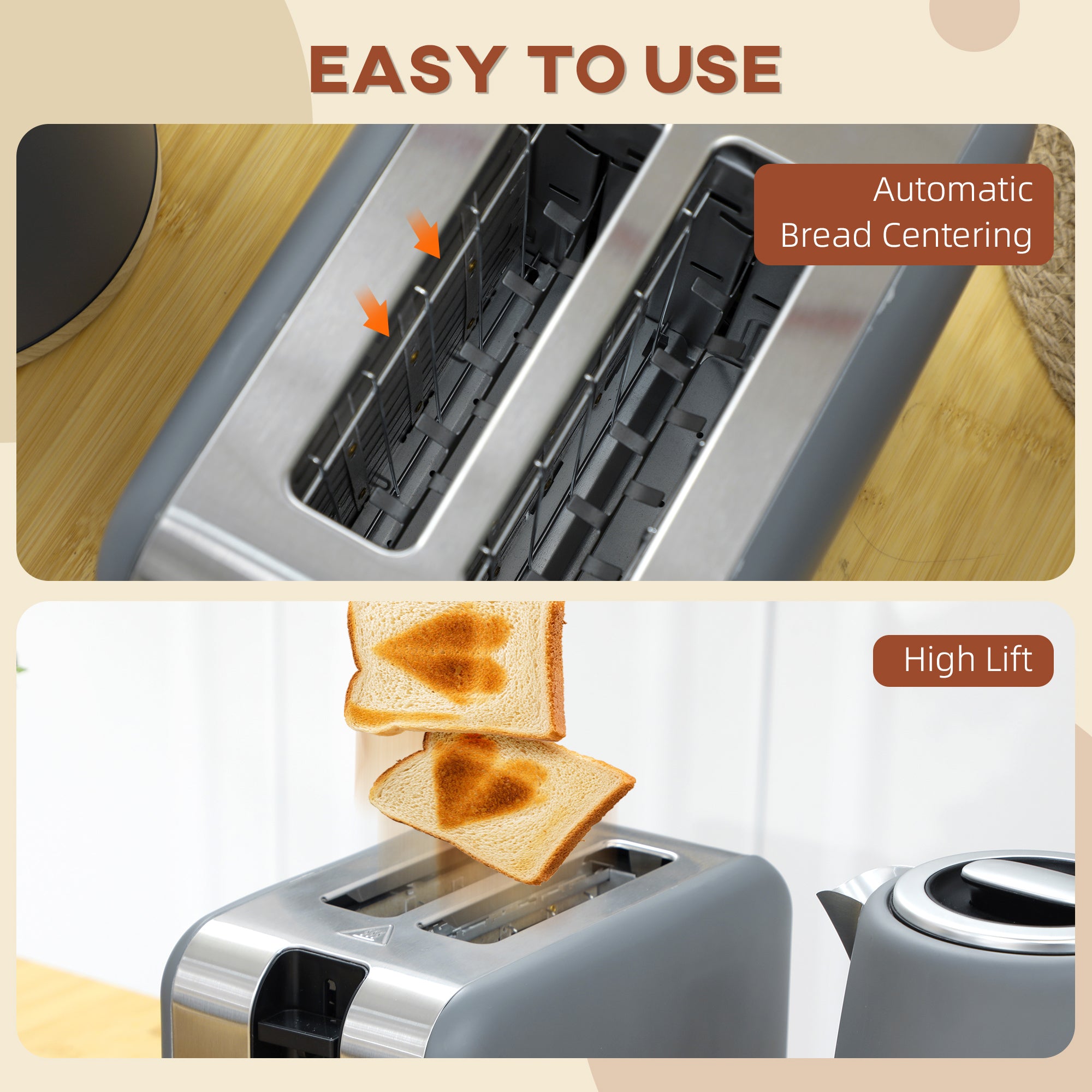 HOMCOM Kettle and Toaster Set, 1.7L 3000W Fast Boil Kettle & 2 Slice Toaster Kitchen Set with 7 Level Browning Controls, Defrost, Reheat, Auto Off, Boil-dry Protection, Grey - North Peak Garden Furniture