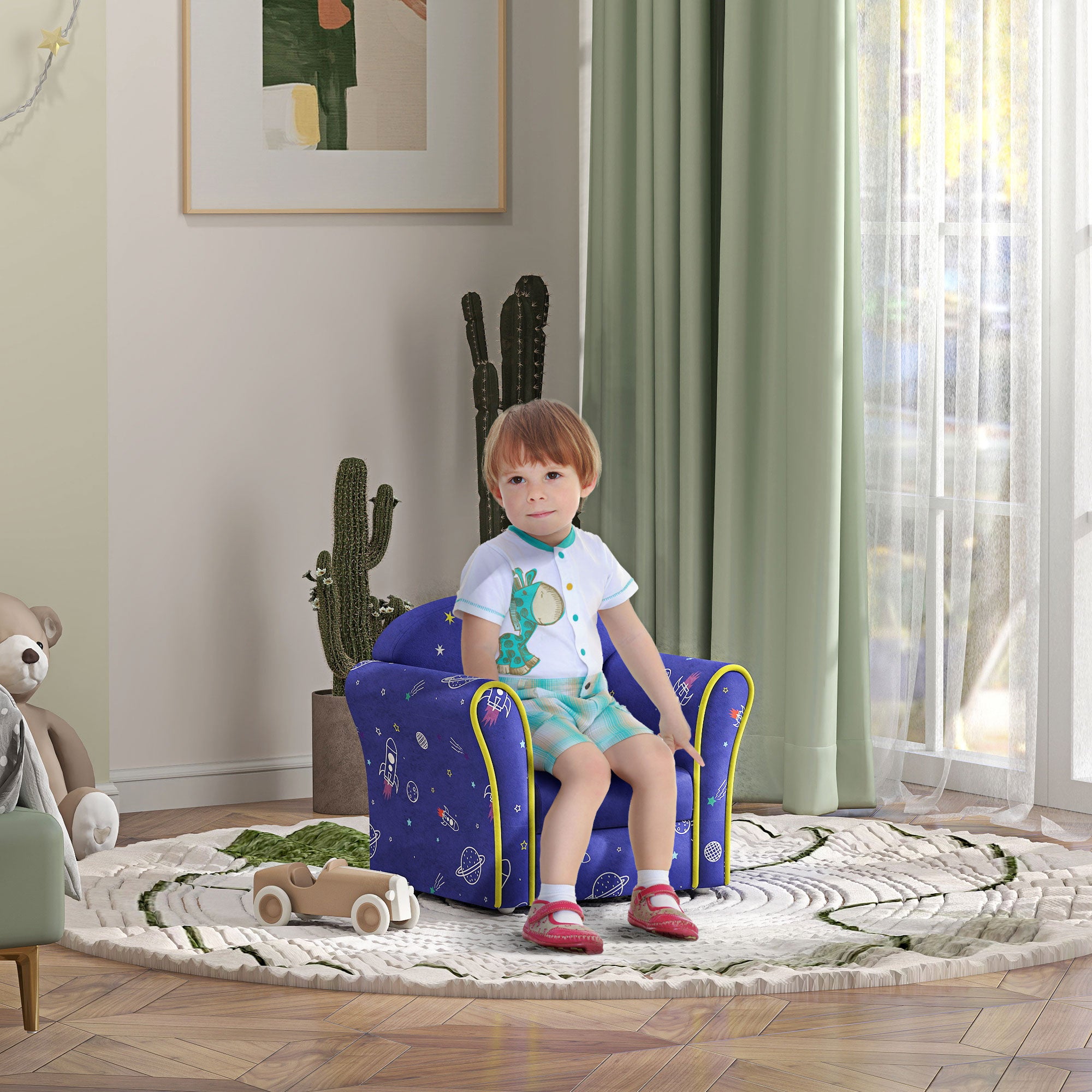 AIYAPLAY Kids Armchair with Planet Dinosaurs Design, Wooden Frame, for Bedroom, Playroom, Kids Room, Blue - North Peak Garden Furniture