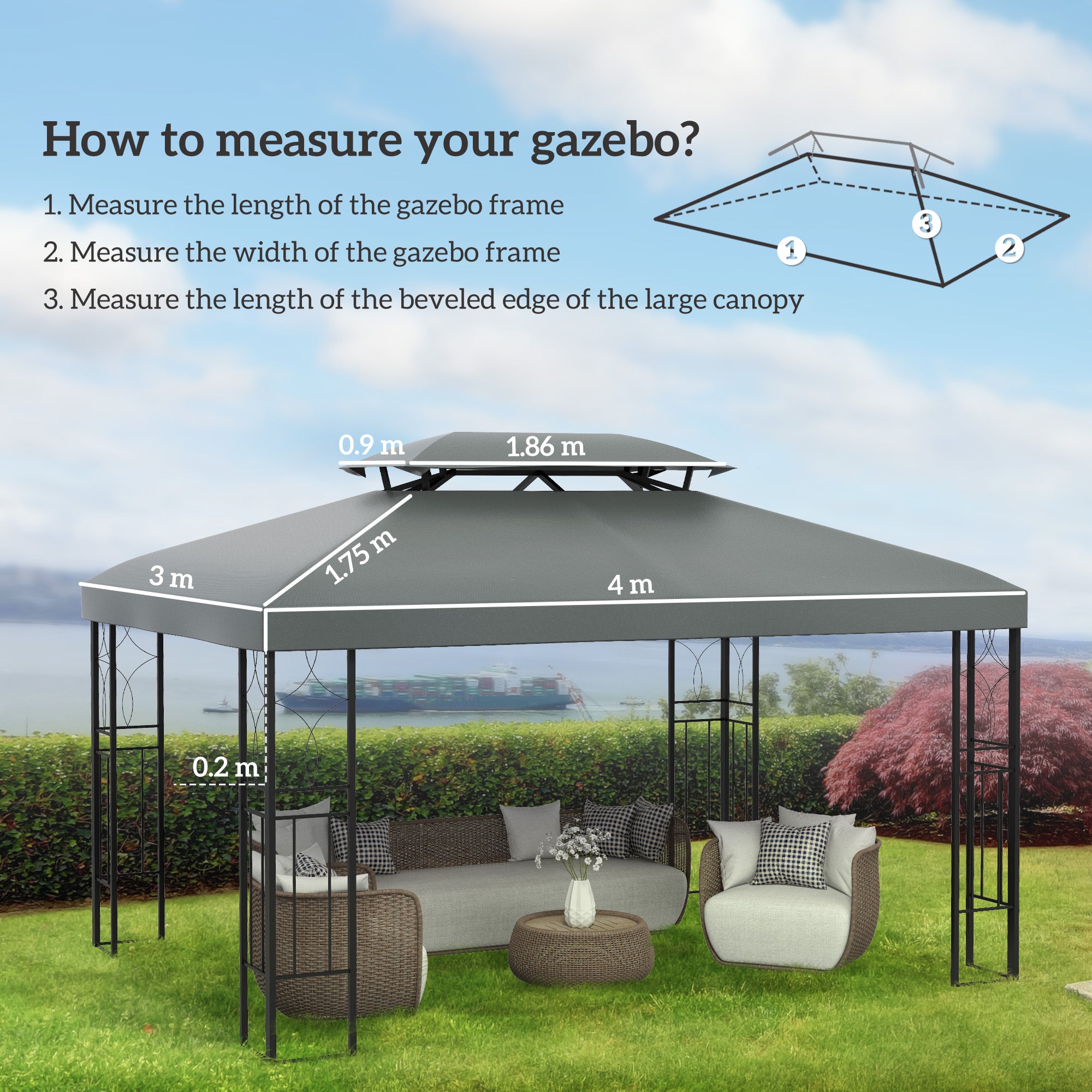 Outsunny 3x4m Gazebo Canopy Replacement Cover, 2 Tier Top Roof UV Cover Garden Patio Outdoor Sun Awning Shelters, Deep Grey (TOP COVER ONLY) - North Peak Garden Furniture