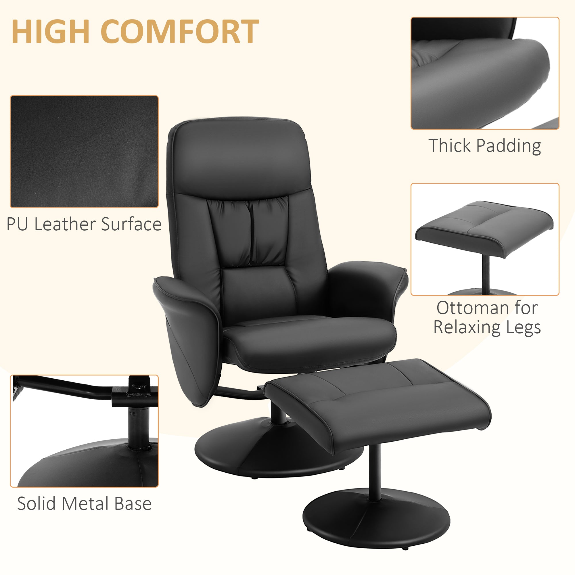 HOMCOM Swivel Recliner Chair with Footstool, PU Leather Armchair and Ottoman with High Back and Round Base for Living Room, Black