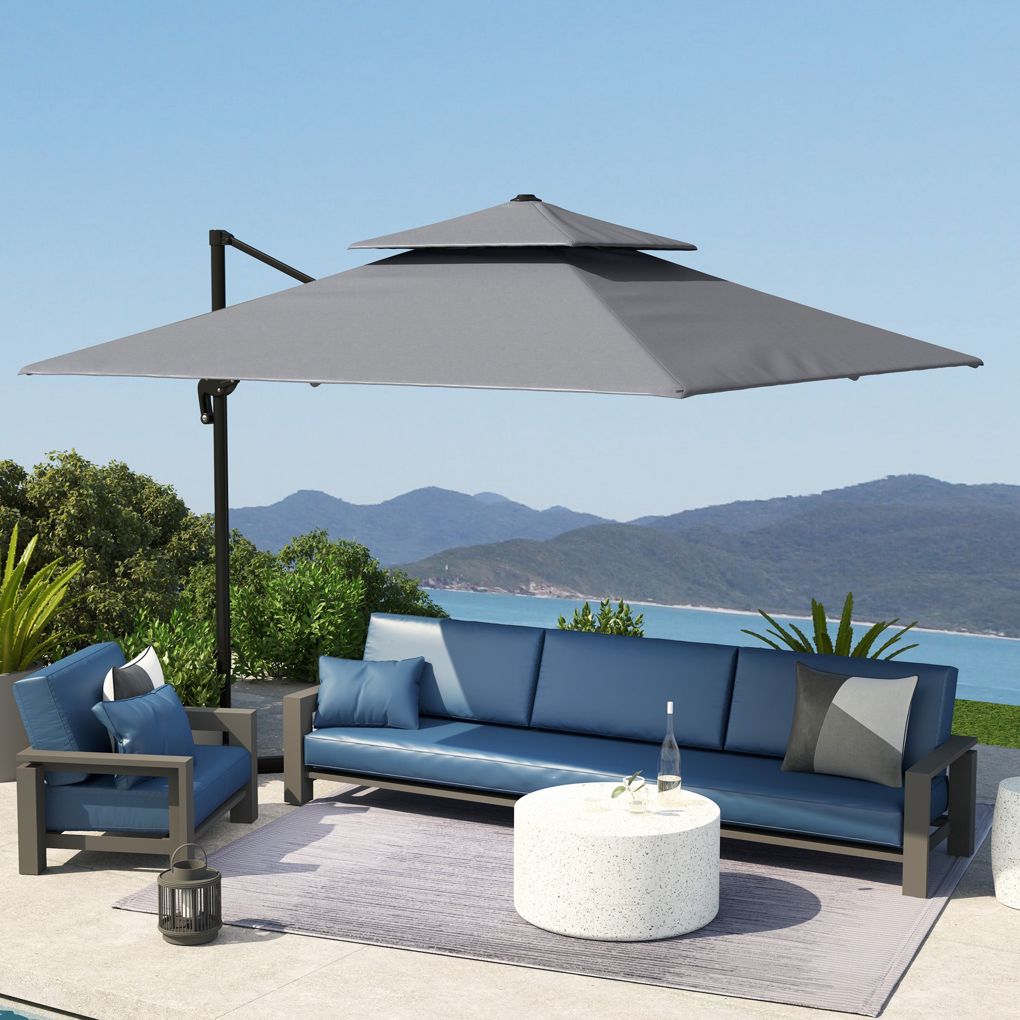 Outsunny 3 x 3(m) Cantilever Parasol with Aluminium Frame, Crank and Tilt, 360° Rotation, Double Top Garden Umbrella with Base and Cover, Light Grey - North Peak Garden Furniture