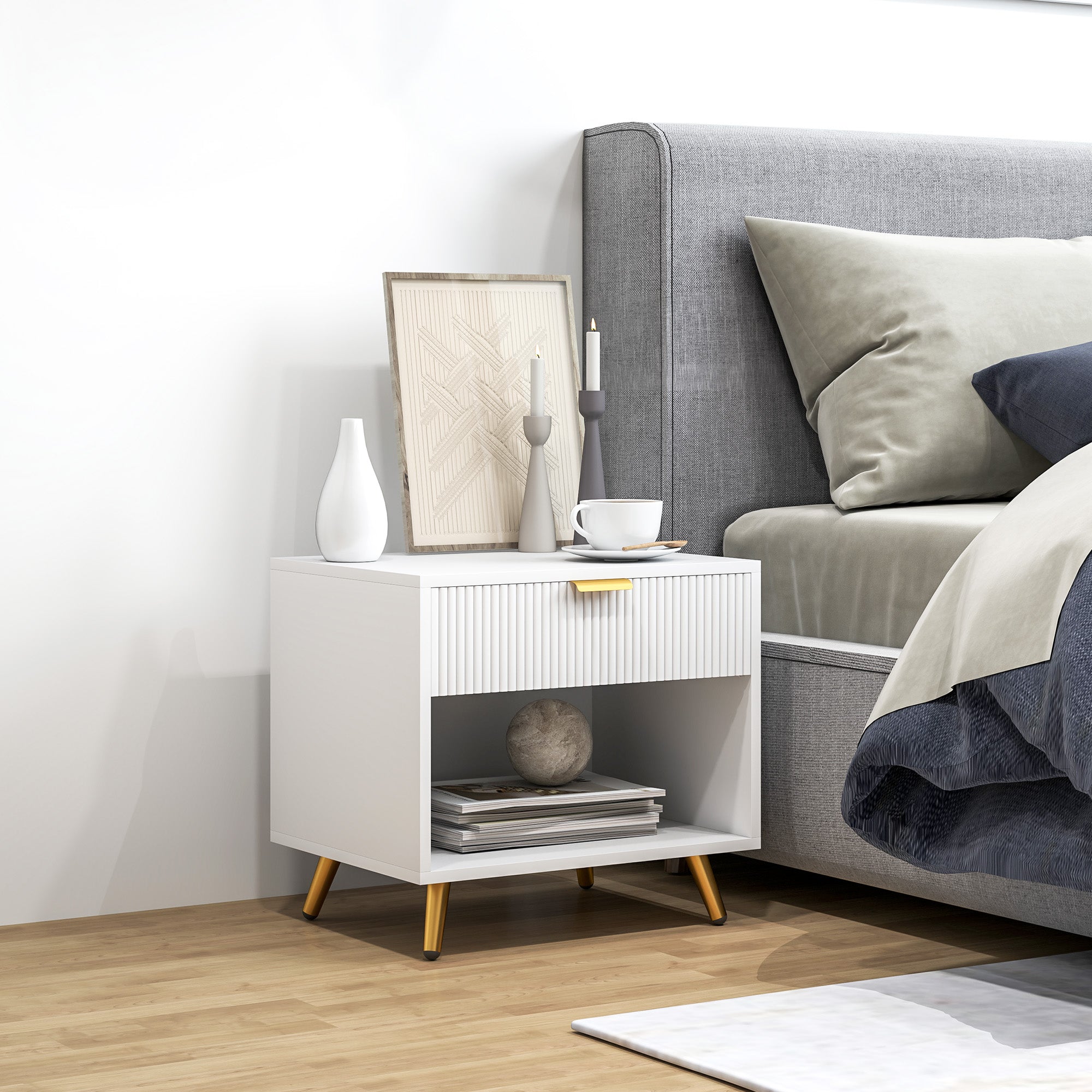 HOMCOM Elegant Bedside Table, with Drawer and Shelf - White/Gold Tone - North Peak Garden Furniture