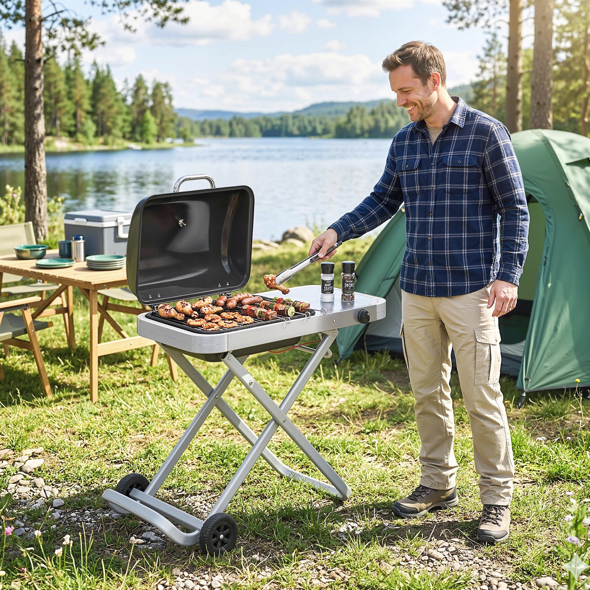 Outsunny Foldable Gas BBQ Grill with Side Table, Portable Gas Barbecue Grill with Thermometer, Grease Box, Wheels, 2.5 kW, Black