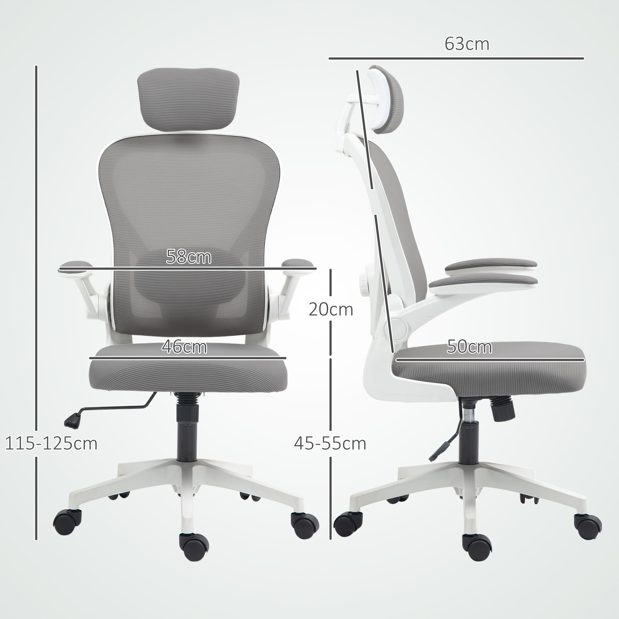 HOMCOM Executive Office Chair, Ergonomic Mesh High Back Desk Chair with Flip-up Armrest, Rotatable Headrest, Adjustable Lumbar Support, Swivel Computer Chair for Home Study, Grey - North Peak Garden Furniture