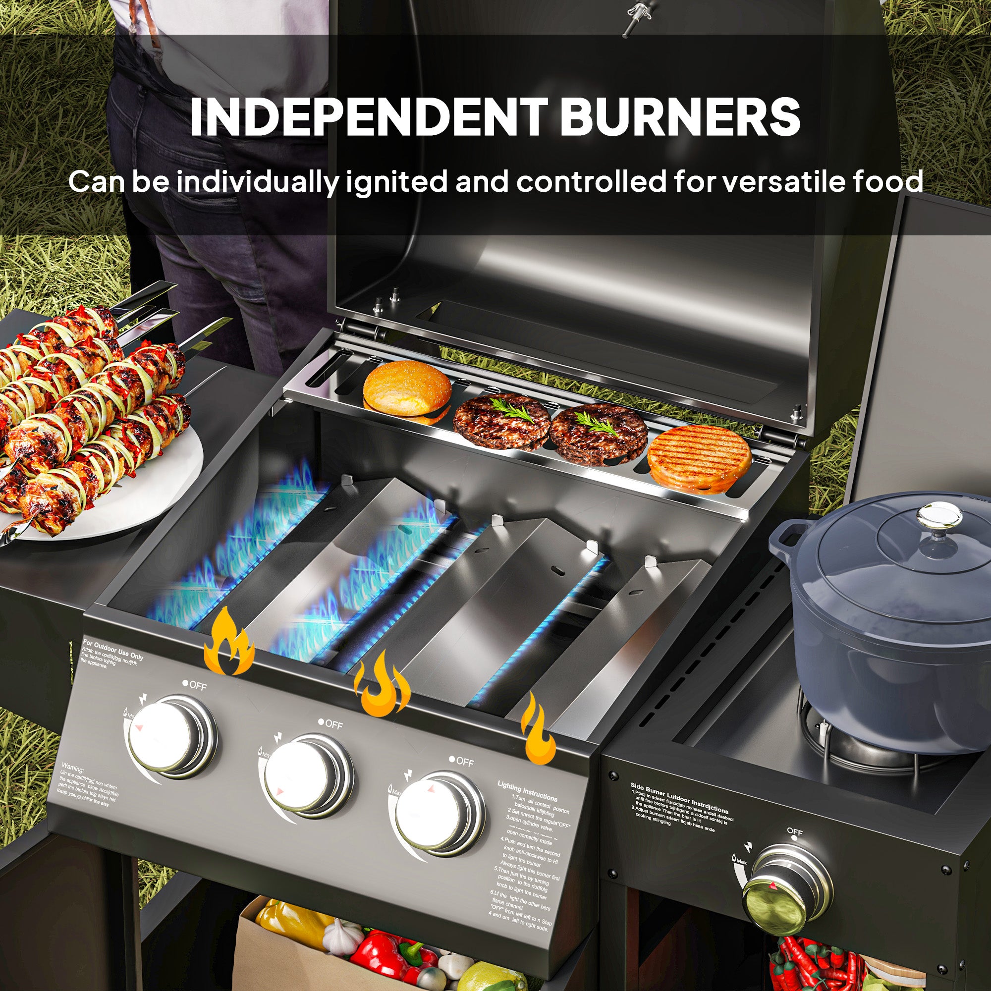 Outsunny 3+1 Burner Gas BBQ Grill with Storage Cabinet and Shelves, 9.5 kW Gas Barbecue Trolley with 6 Castor Wheels, Warming Rack, Thermometer for Outdoor Cooking Garden Party, Black - North Peak Garden Furniture