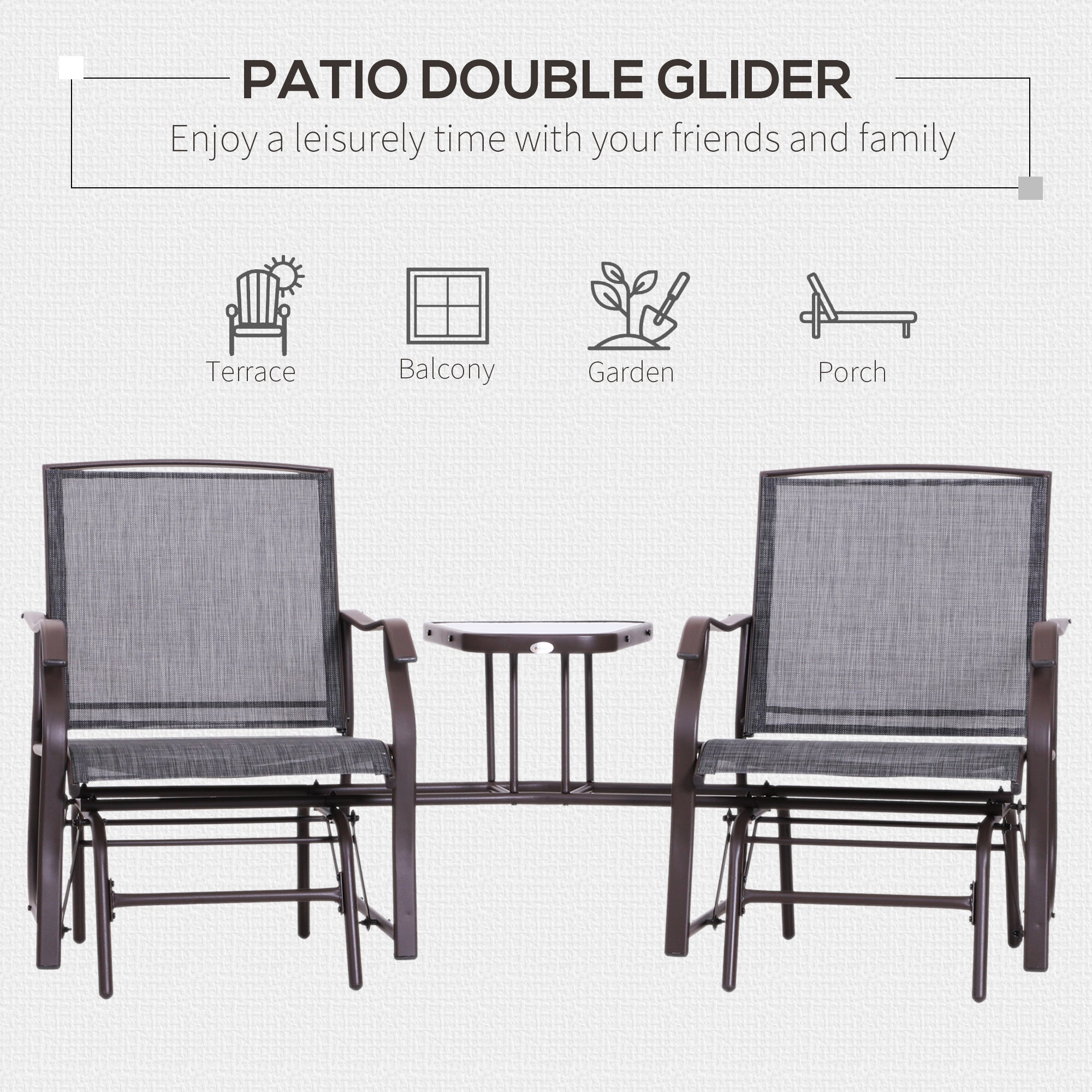 Outsunny Gliding Jack and Jill Seat, with Glass-Top Table - Brown/Grey - North Peak Garden Furniture