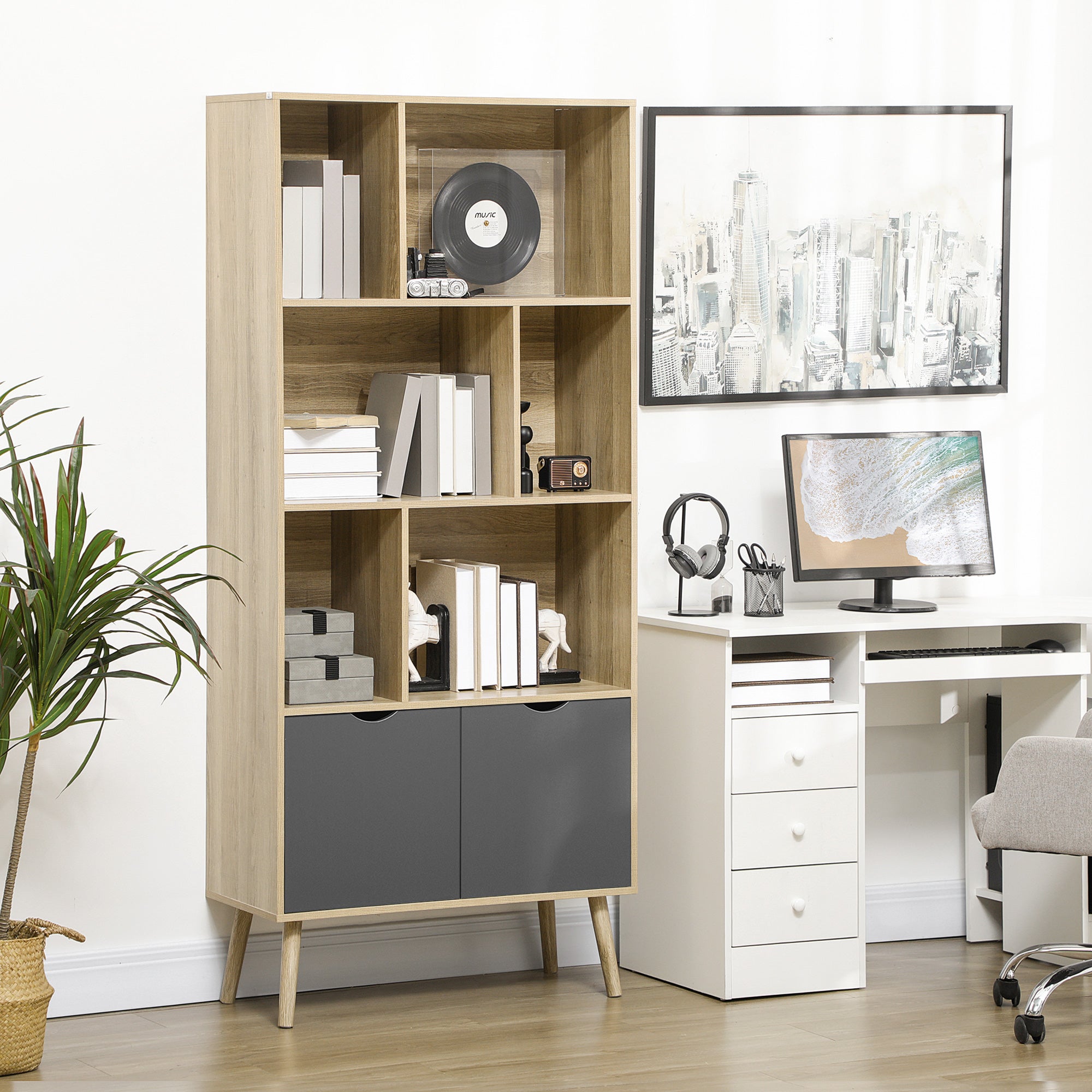 HOMCOM Modern Bookcase with Bottom Cabinet and 6 Open Shelves, Freestanding Bookshelf for Study Living Room Home Office, Natural and Dark Grey - North Peak Garden Furniture