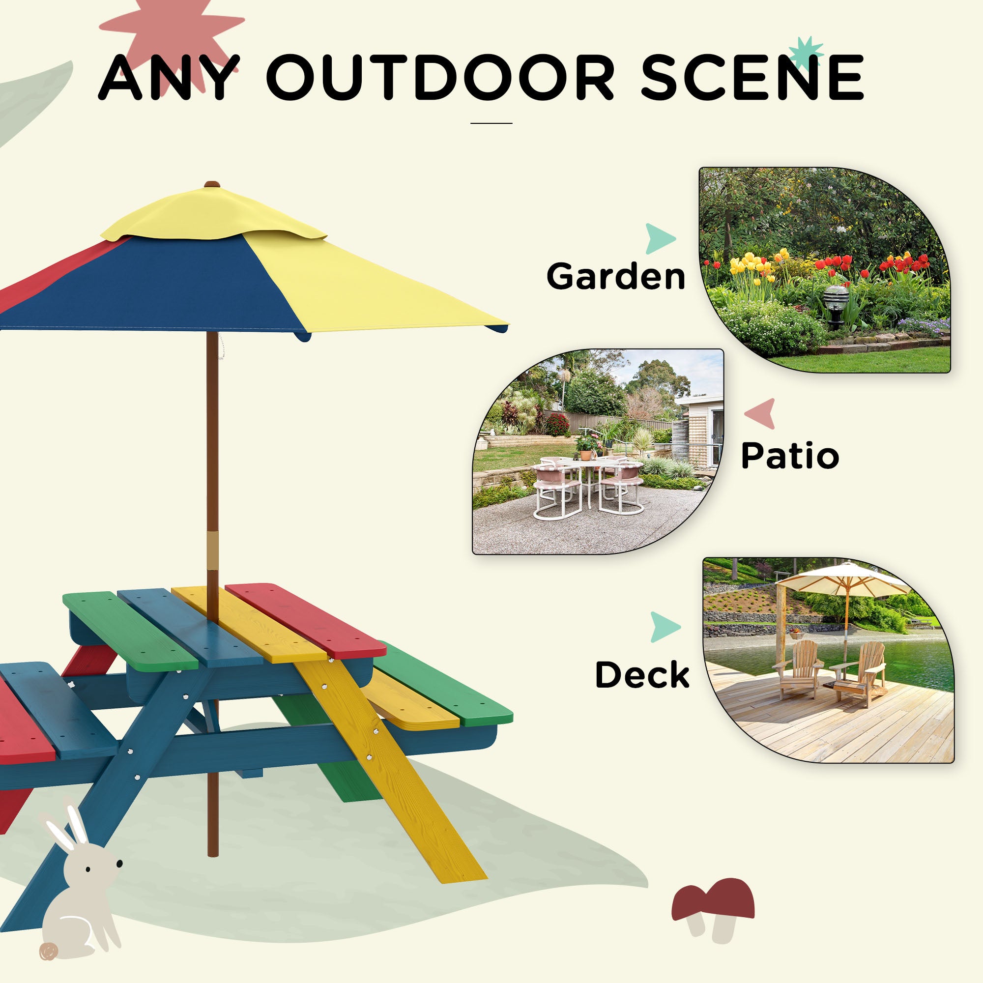 Outsunny Wooden Kids Table and Chair Set with Removable Parasol, for Ages 3-6 Years - Multicoloured - North Peak Garden Furniture
