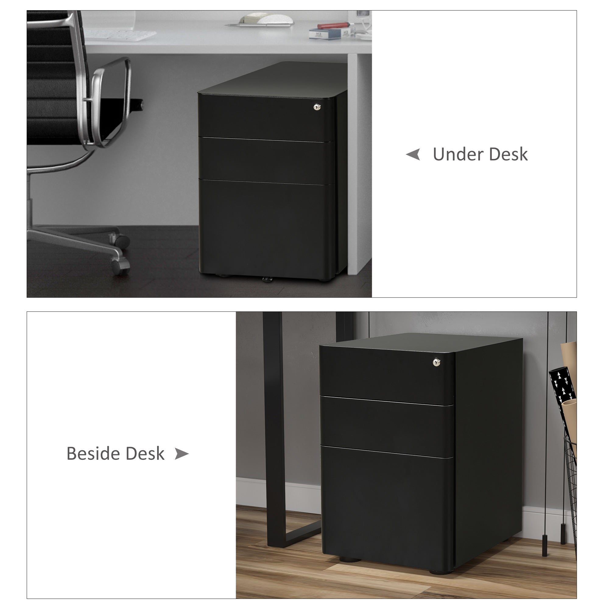 Vinsetto Lockable Cabinet, Rolling Filing Cabinet with 3 Drawers, Steel Office Drawer Unit for A4, Letter, Legal Sized Files - North Peak Garden Furniture