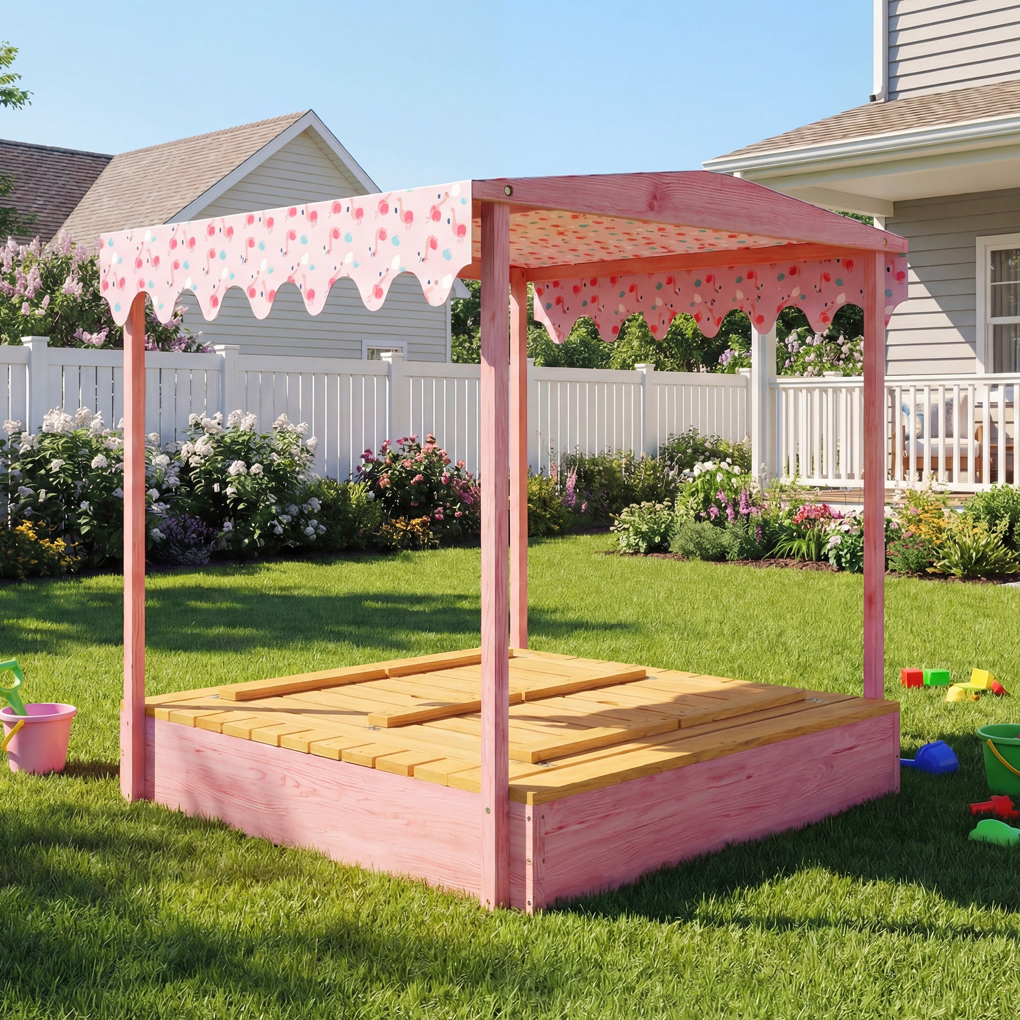 AIYAPLAY Wooden Sandbox with Lid, Flamingos Print Canopy, Kids Outdoor Sand Pit with Foldable Bench Seats, Bottom Liner, Pink