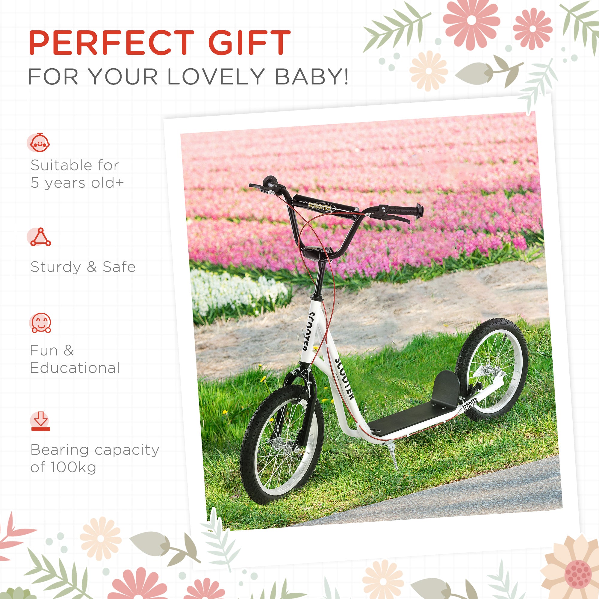 HOMCOM Kick Scooters for Kids with Adjustable Height, Anti-Slip Deck, Dual Brakes, Rubber Tyres, for Boys and Girls Aged 5+ Years Old - White - North Peak Garden Furniture