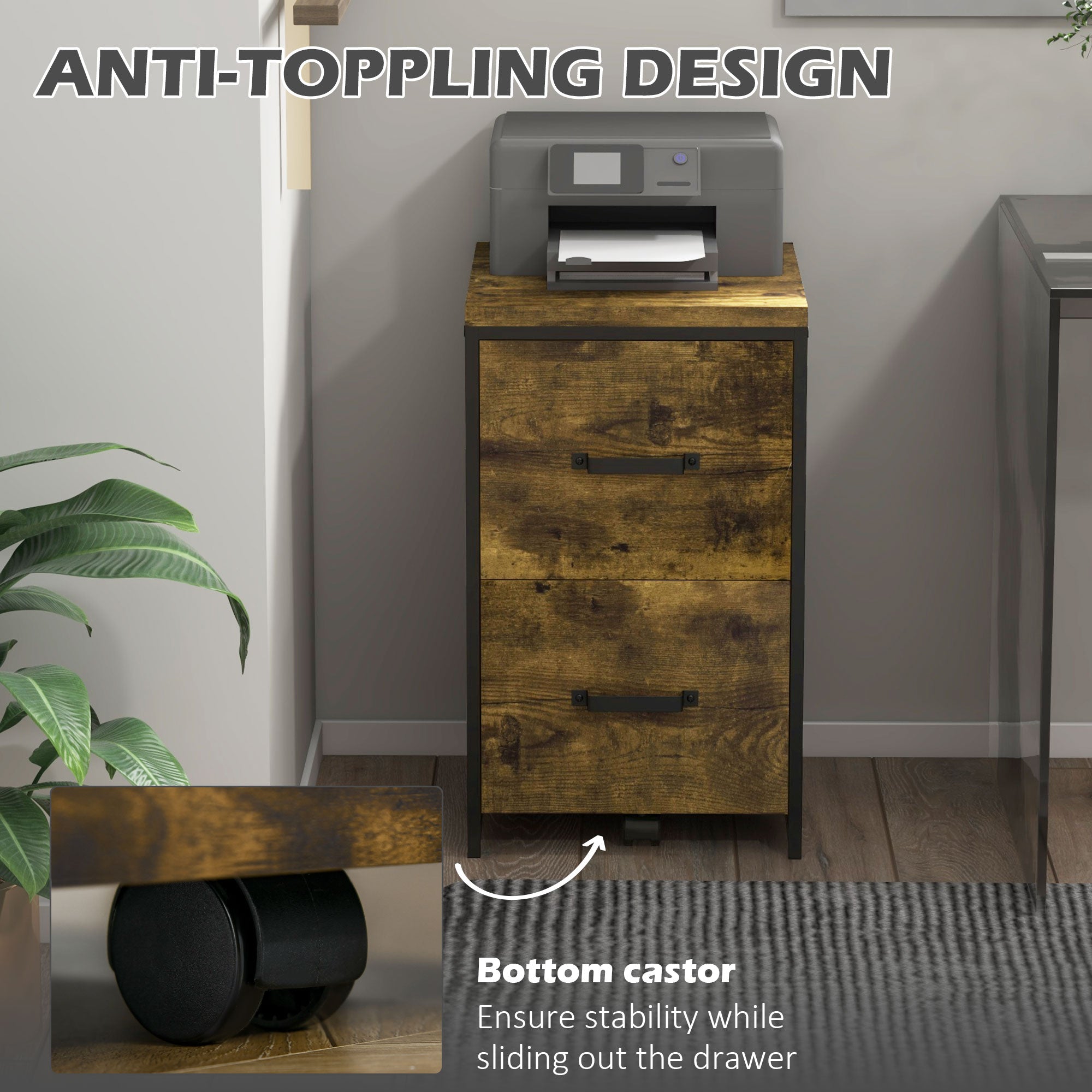 Vinsetto 2-Drawer file Cabinet, Industrial filing cabinets for Home, Hanging File Folders, Vertical Home Office Organizer for A4 Size, Rustic Brown - North Peak Garden Furniture